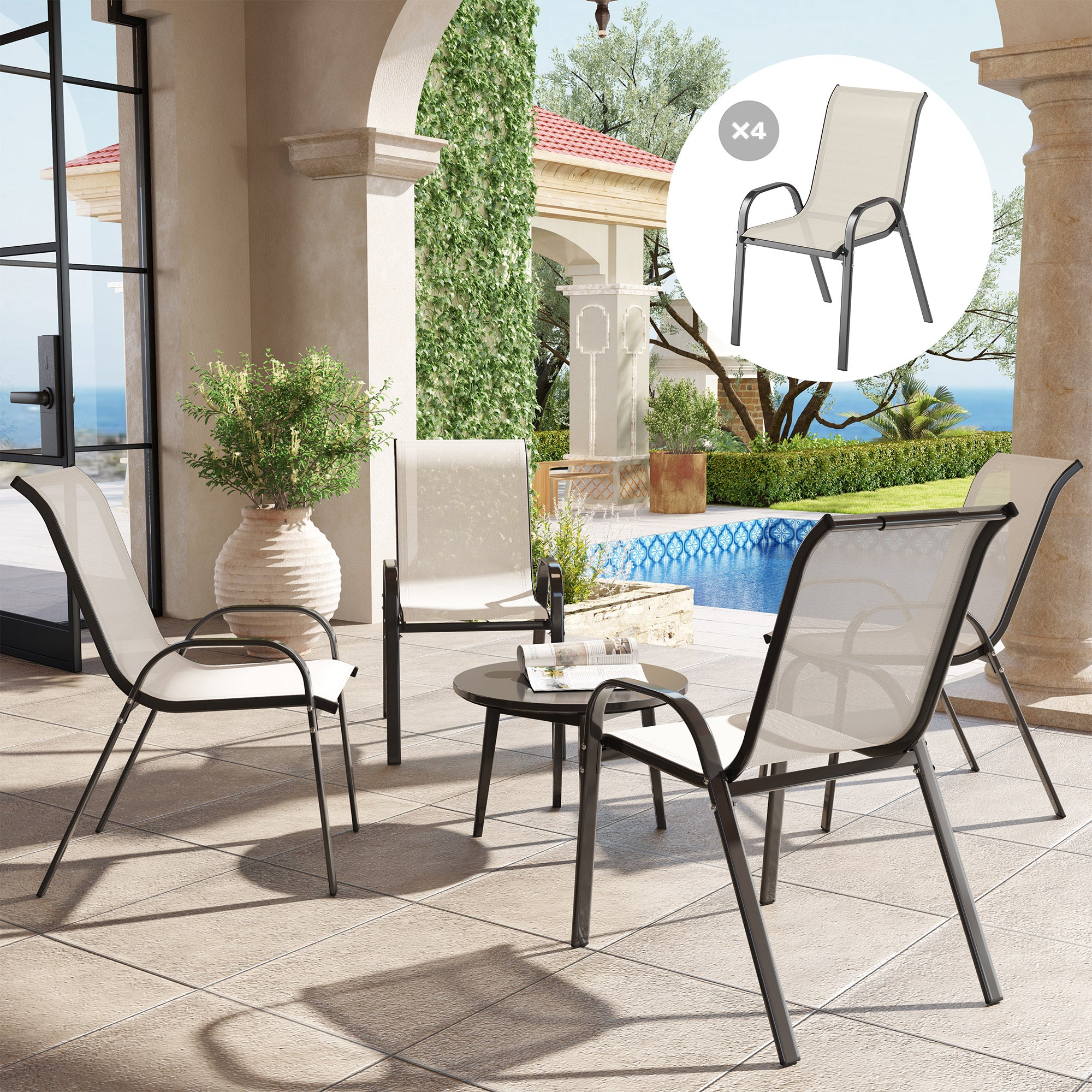 Set of 4 Outdoor Dining Chairs, Stackable Patio Chairs with High Back, Breathable Mesh Seat for Garden Lawn