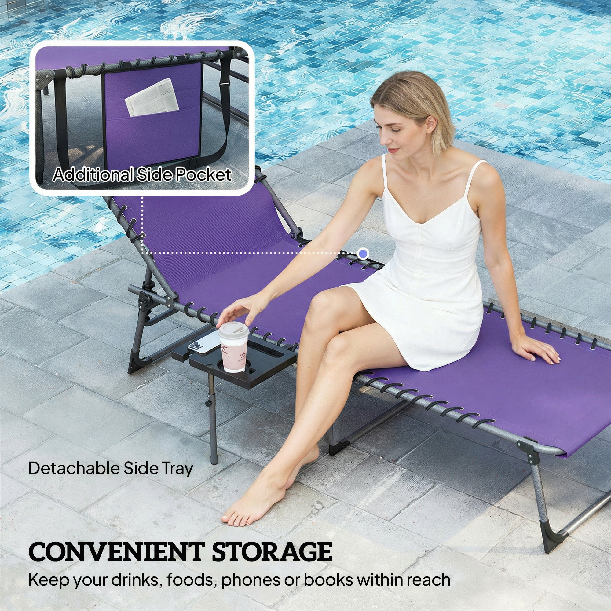 Folding Outdoor Chaise Lounge Chair Tanning Chair with 5-Level Adjustable Back, Side Table, Pillow, Pocket