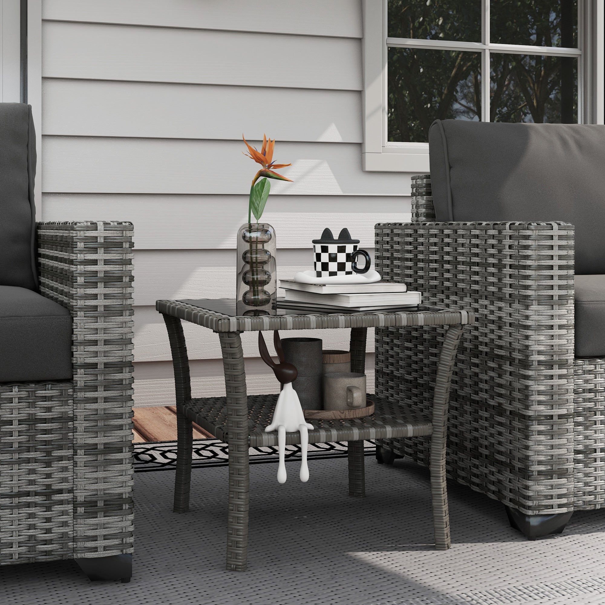 Rattan Side Table, Outdoor End Table with Storage Shelf, Aluminum Frame Square, Coffee Table with Tempered Glass Top