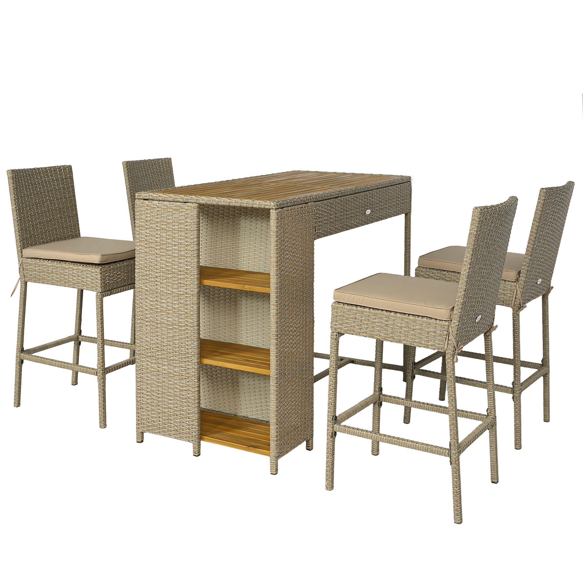 5 Piece Wicker Outdoor Bar Set, Acacia Wood Outdoor High Top Table and Chairs with 3 Tier Shelves, Cushions