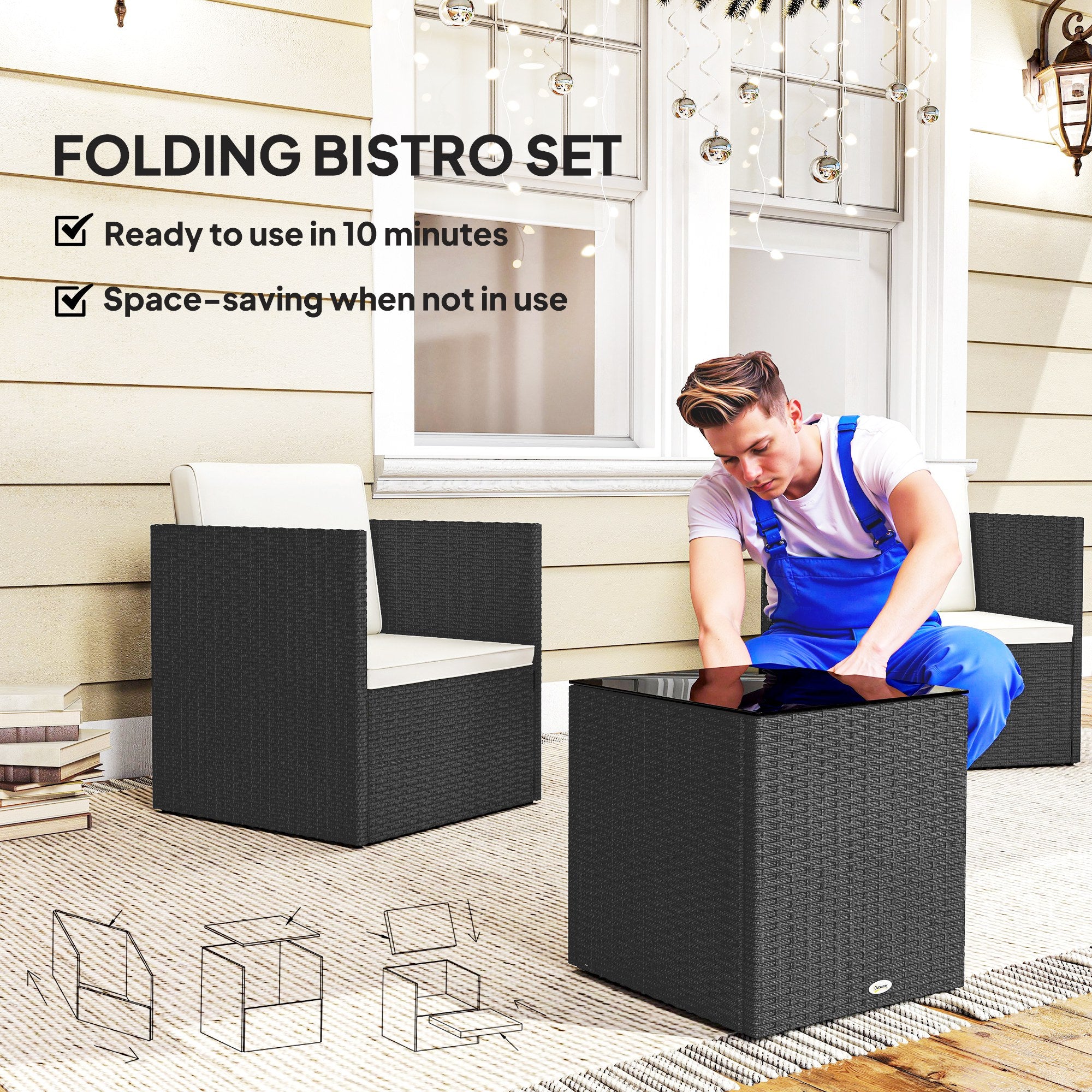 Folding Wicker Bistro Set, 3 Piece Patio Furniture Set with Cushions and Glass Coffee Table for Porch, Balcony