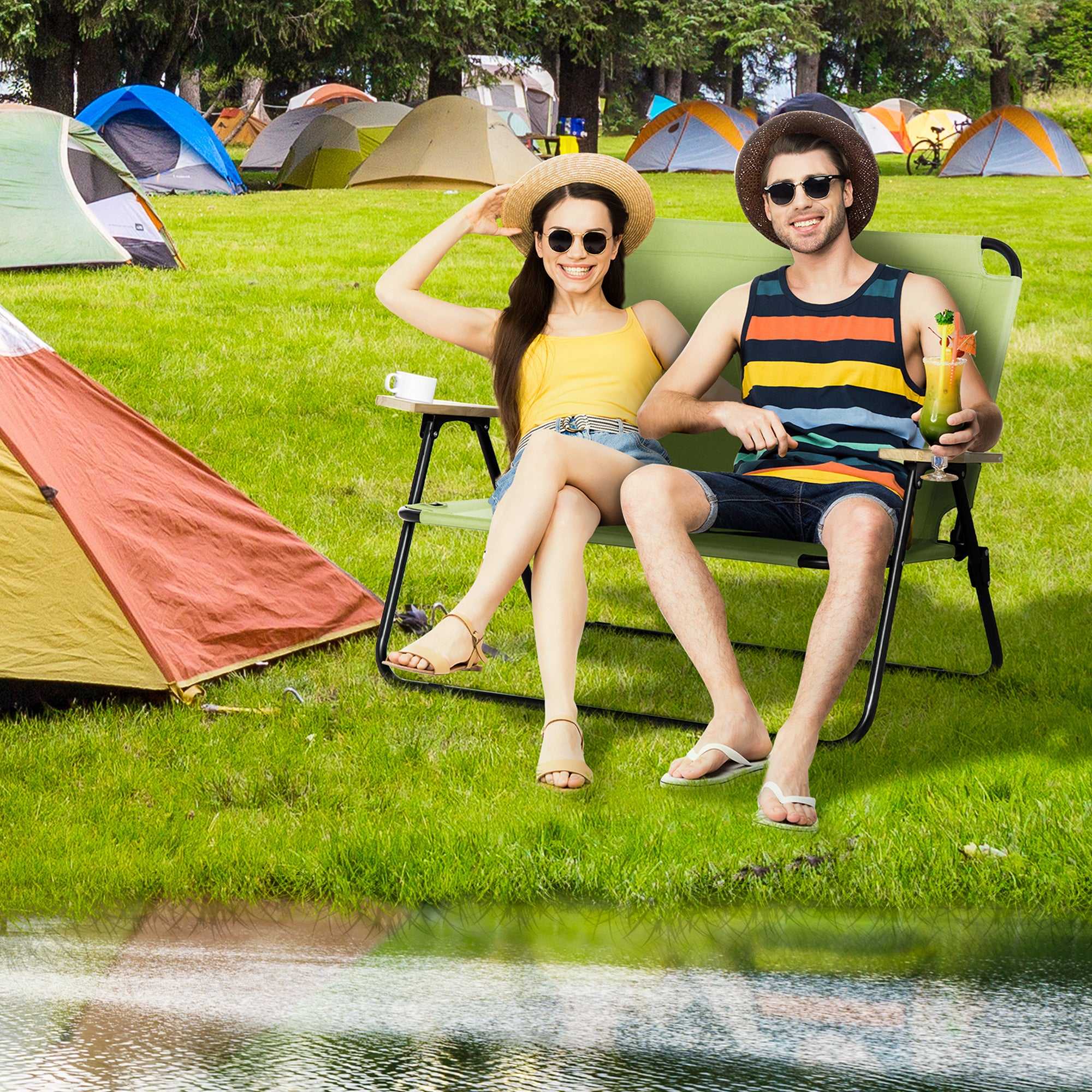 Double Folding Camping Chair, Loveseat for 2 Adults, Portable Camping Couch with Wood Armrest & Cupholders, for Backpacking, Beach, Sports Travel