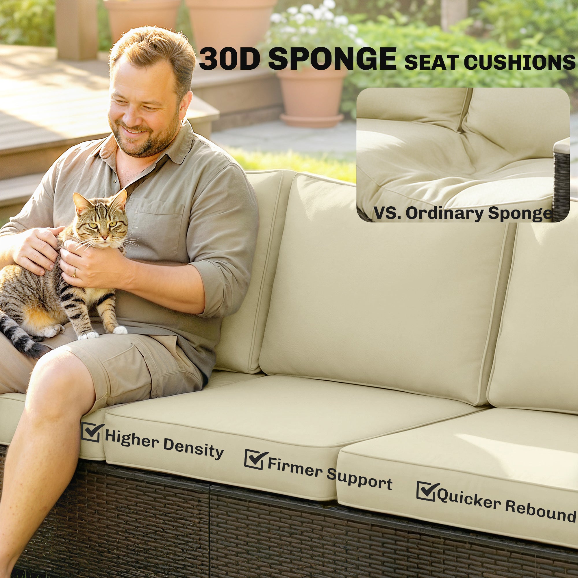 3 Seater Outdoor Couch Sofa, PE Wicker Patio Sofa, Wide Deep Seat, 4" Cushions, Wood-Effect Armrests Legs