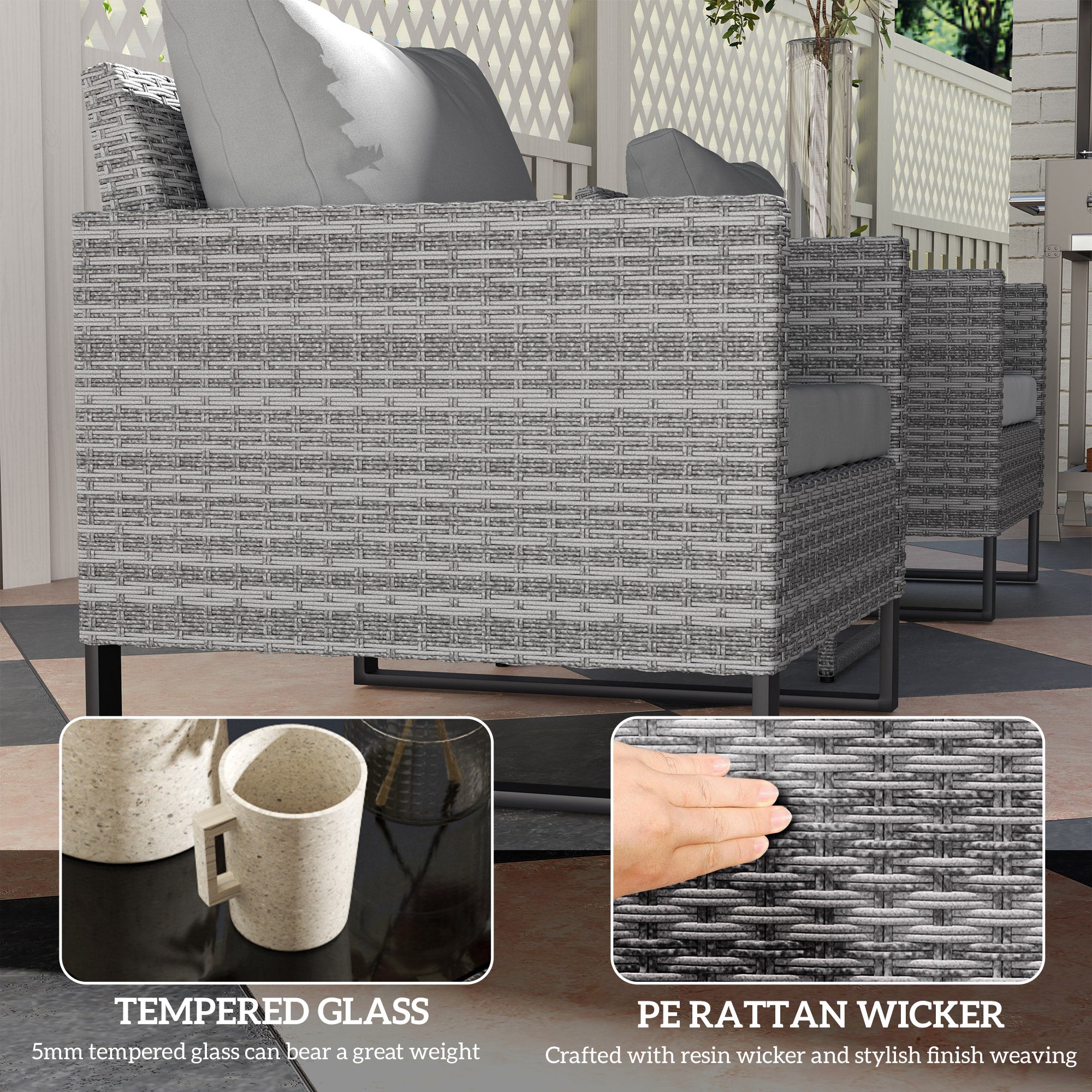 3PCS Patio Set, Wicker Bistro Set with Cushions, Rattan Chairs, Glass Coffee Table for Backyard, Porch, Balcony, Gray