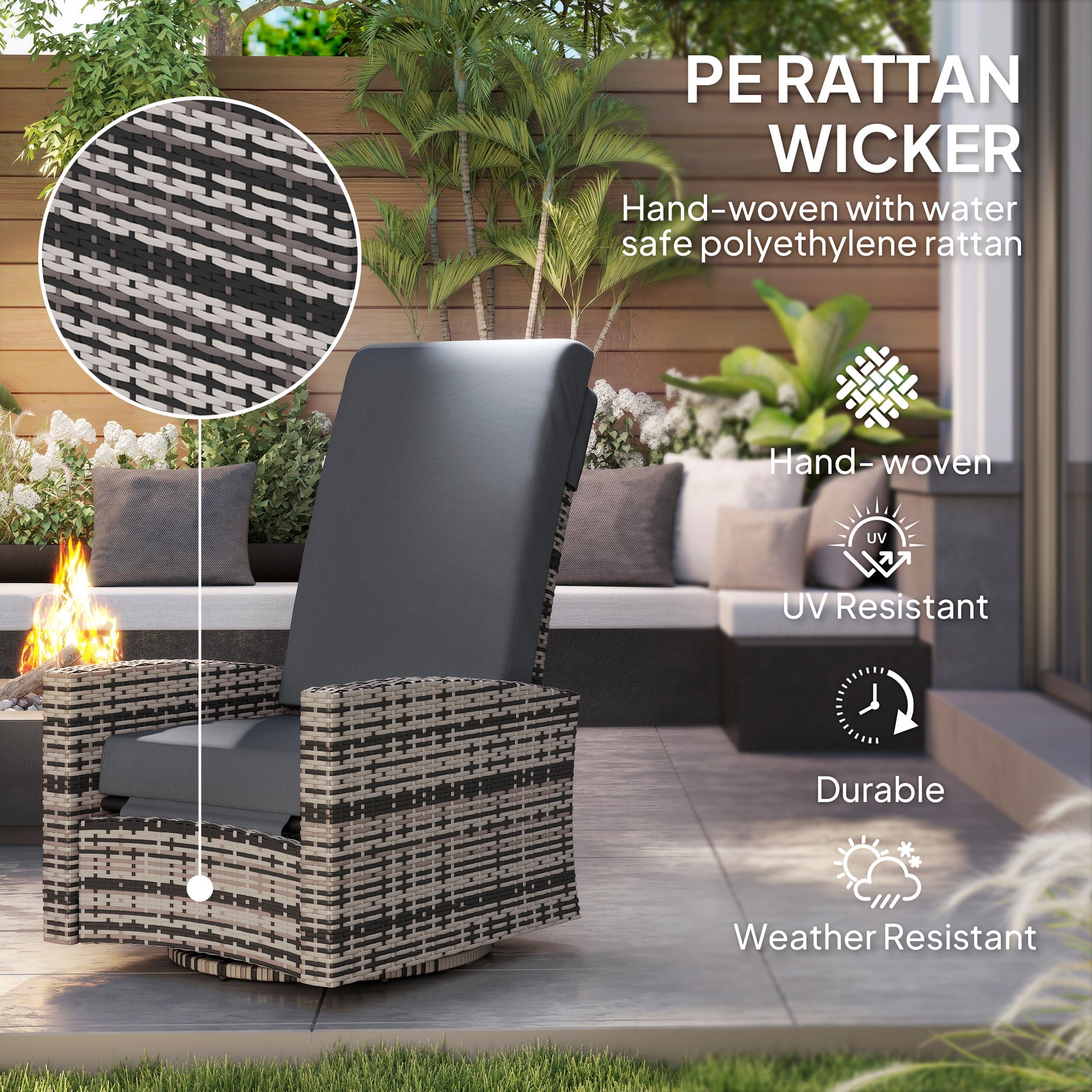 Outdoor Wicker Swivel Recliner Chair, Lifting Footrest, 360° Rotating Basic, Water-resistant Cushions, Dark