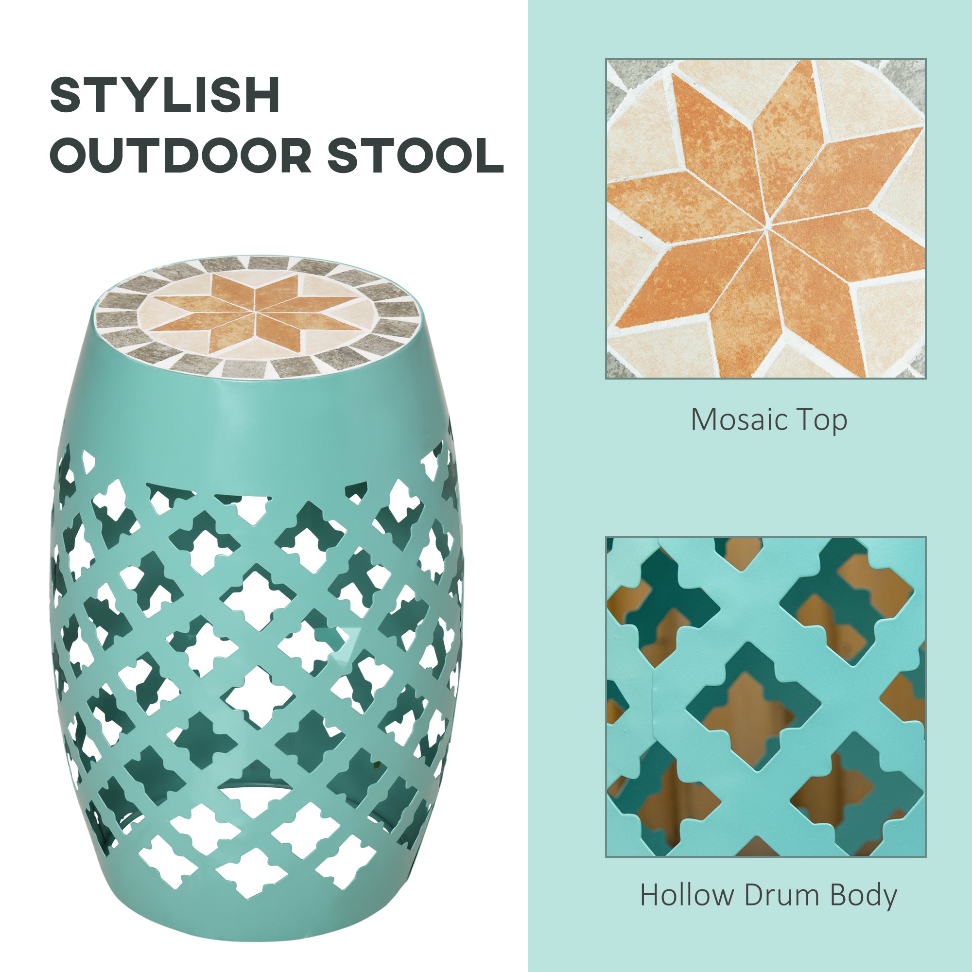 Decorative Outdoor Stool, 12" Round Patio Side Table, Mosaic Accent Plant Stand for Garden, Balcony