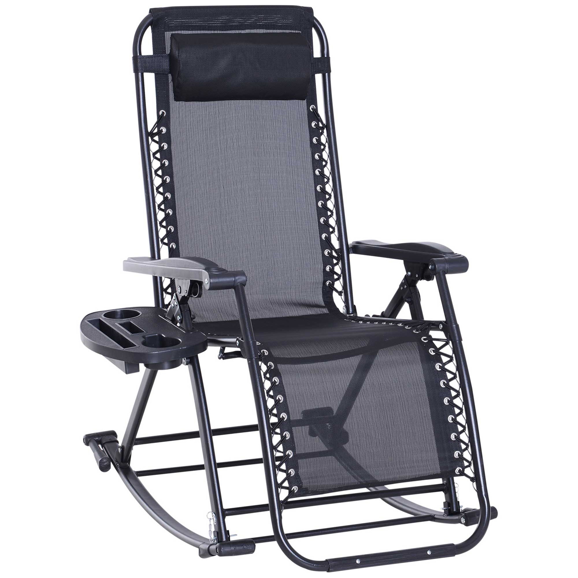 Outdoor Rocking Chairs, Foldable Reclining Zero Gravity Lounge Rocker with Pillow, Cup & Phone Holder, Combo Design with Folding Legs