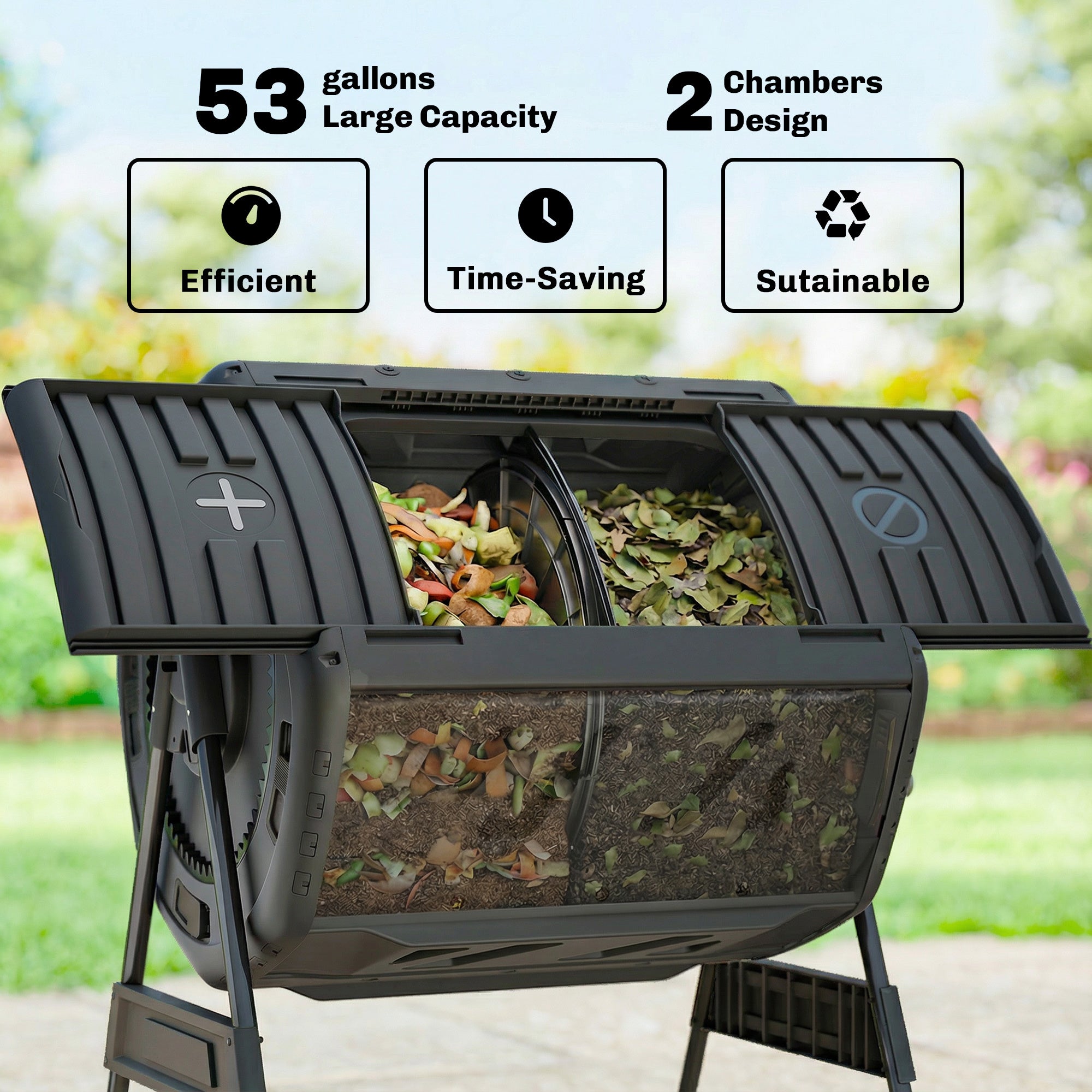 Compost Bin Outdoor, 53 Gal Dual Chamber Tumbling Composter with Adjustable Vents, BPA Free Tumbling Composter