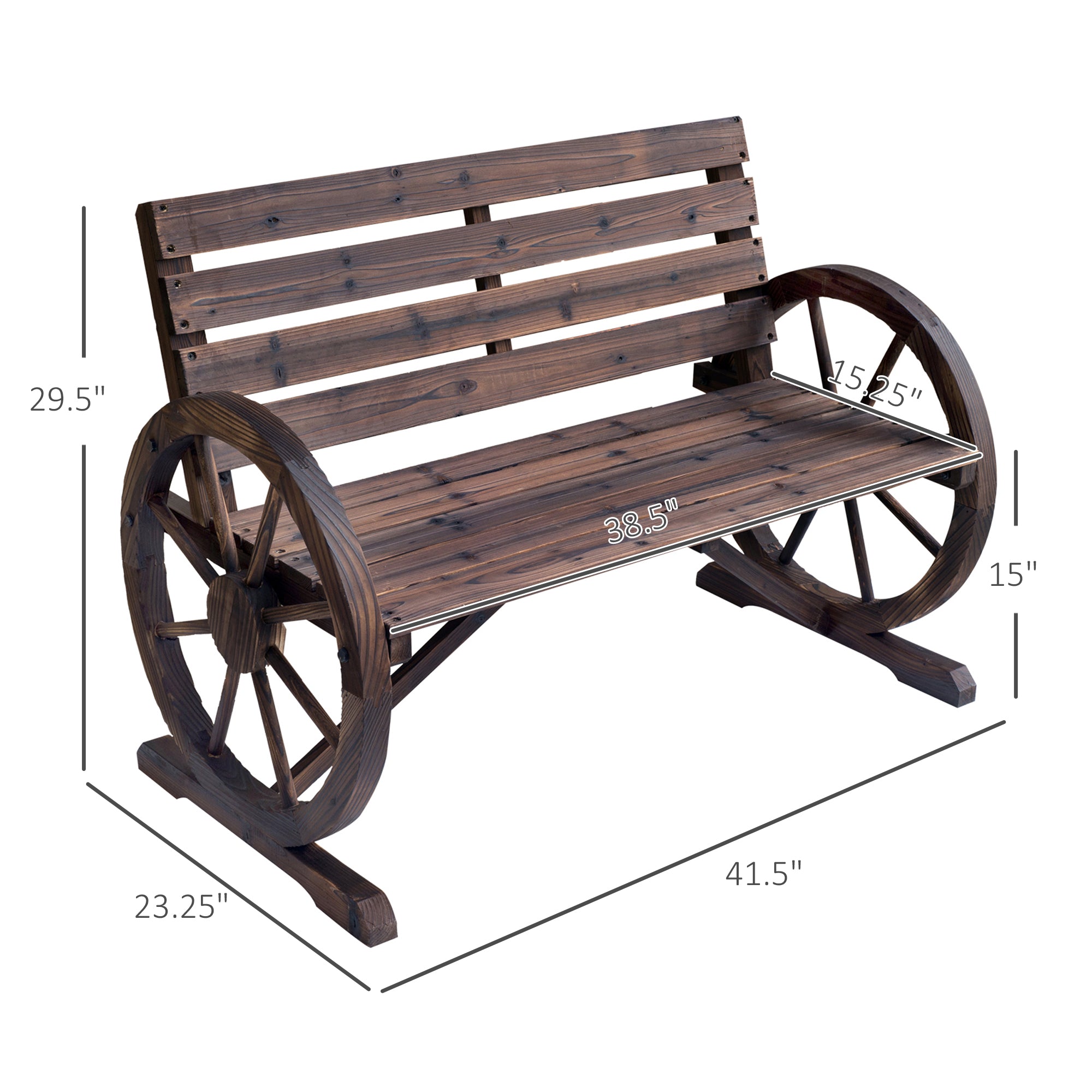 41" Wooden Wagon Wheel Bench, Rustic Outdoor Patio Bench Weather Resistance Furniture, 2-Person Slatted Seat with Backrest
