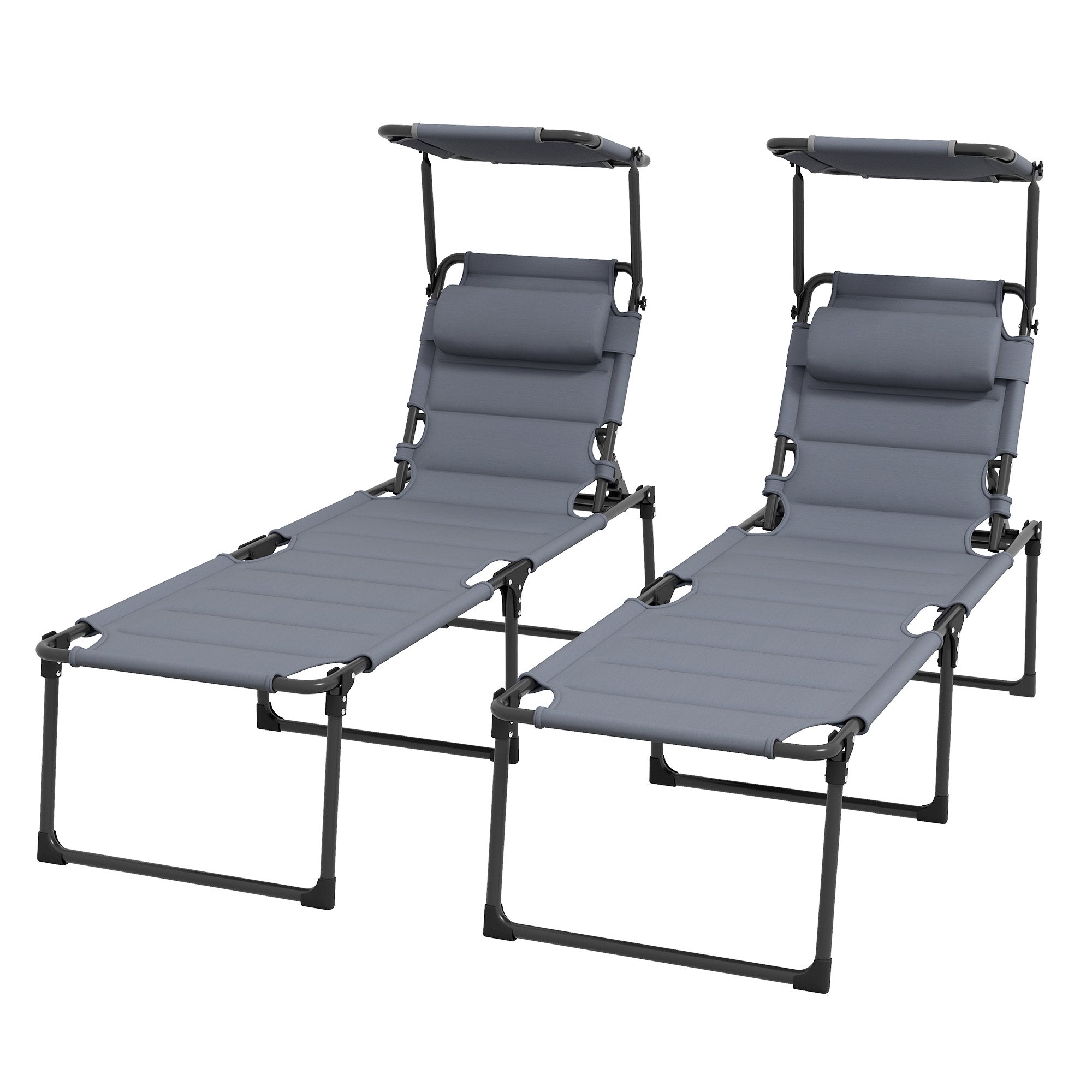 2 Pcs Outdoor Lounge Chair, 4 Position Adjustable Backrest, Folding, Cushioned w/ Sun Shade Roof & Pillow