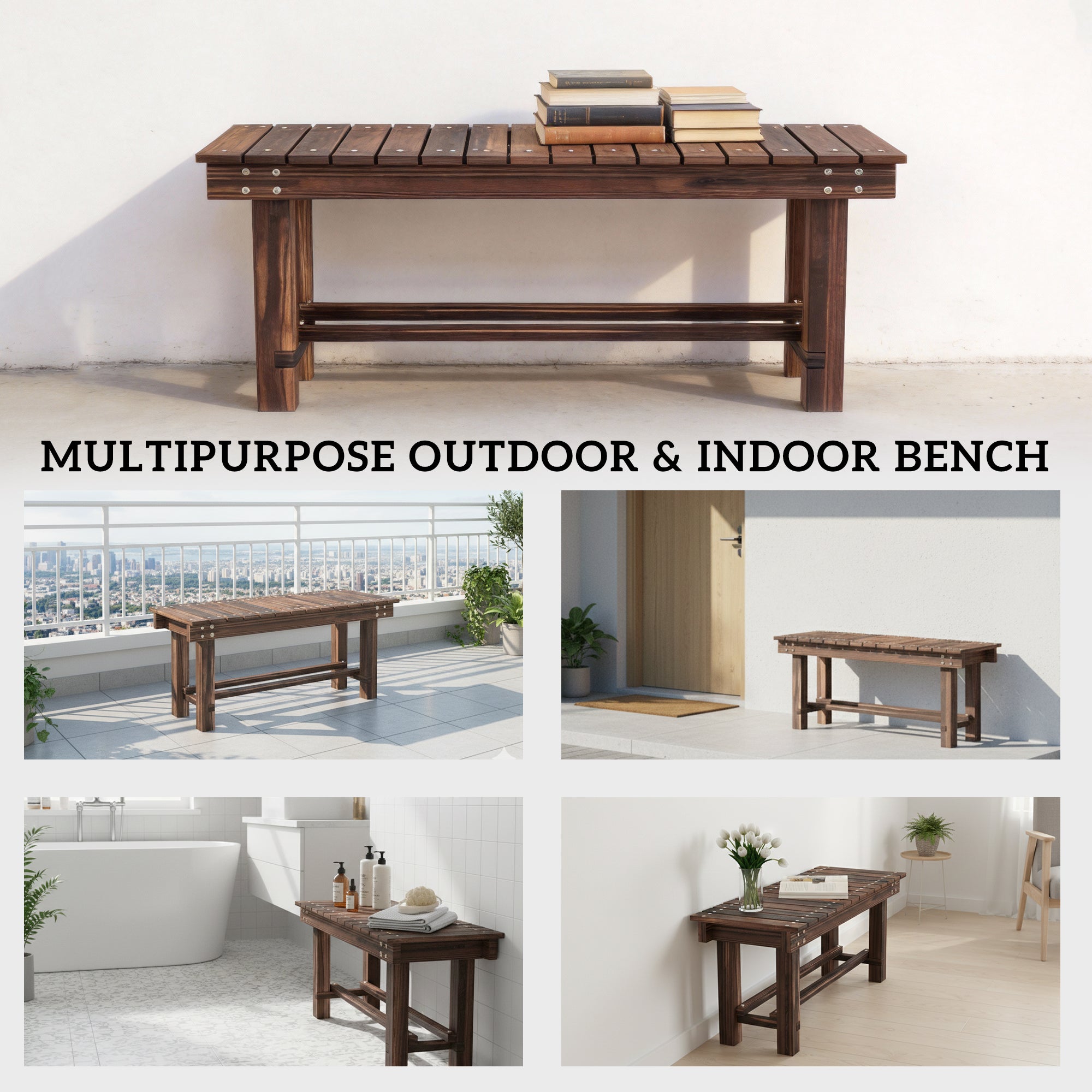 Garden Bench 0.8" Seater Outdoor Bench with Storage Shelf 35.4" Carbonized Wood
