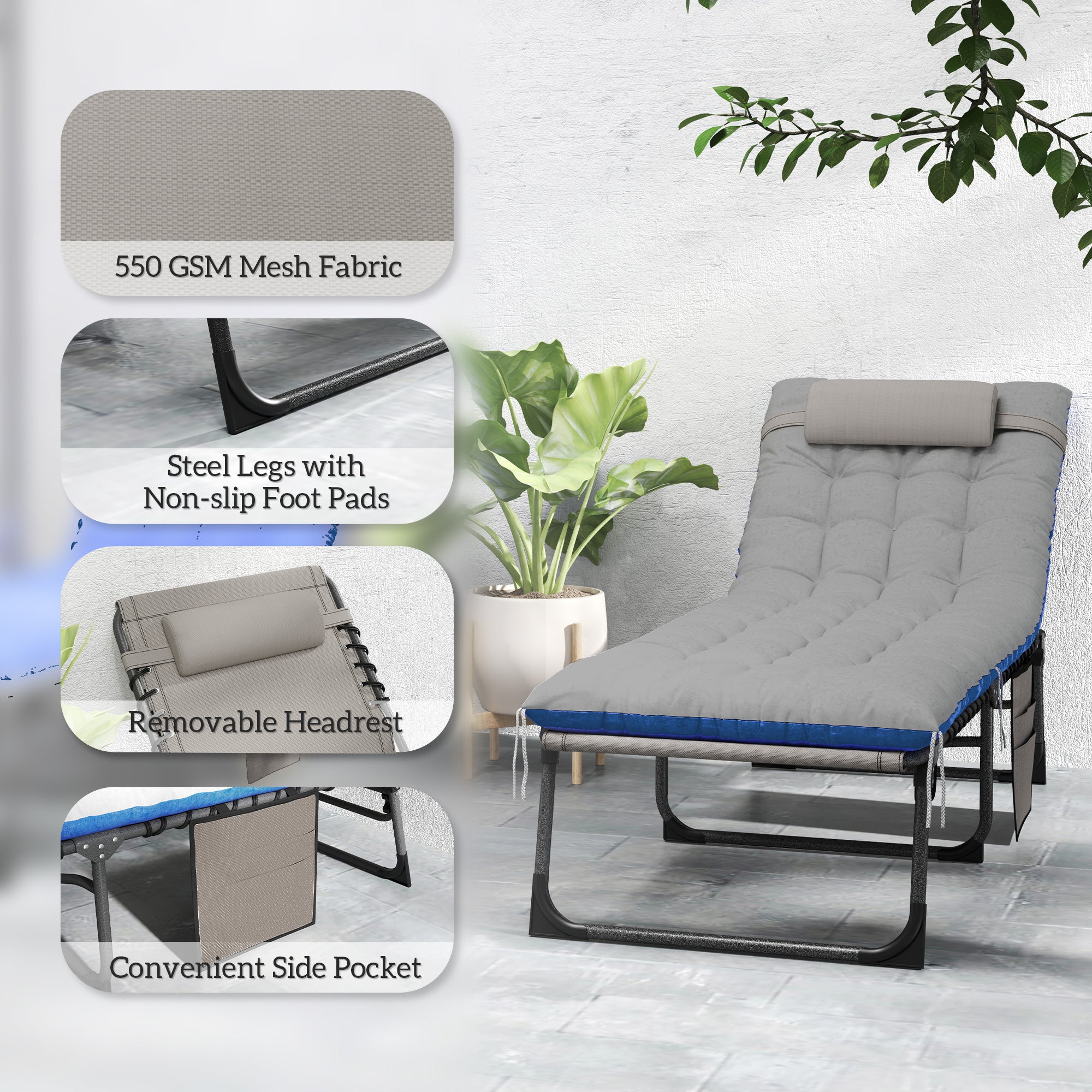 Outdoor Chaise Lounge Chair Set of 2, 5-Level Adjustable Folding Pool Lounge Chairs with Cushions