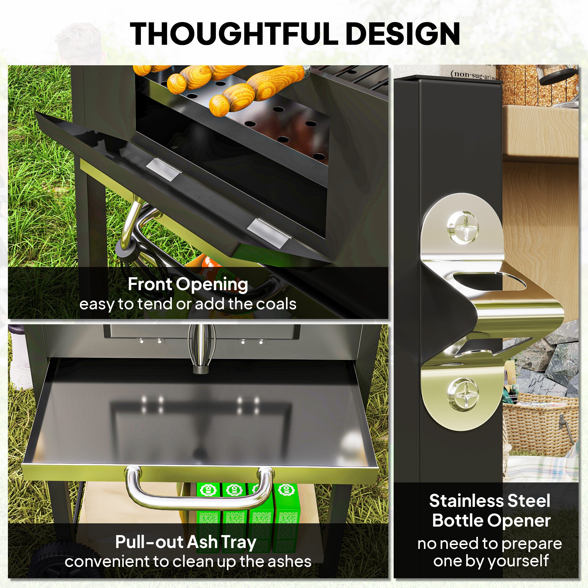 Charcoal BBQ Grill with 245 sq. in. Cooking Area, Adjustable Charcoal Pan, 3 Shelves, Thermometer, Black