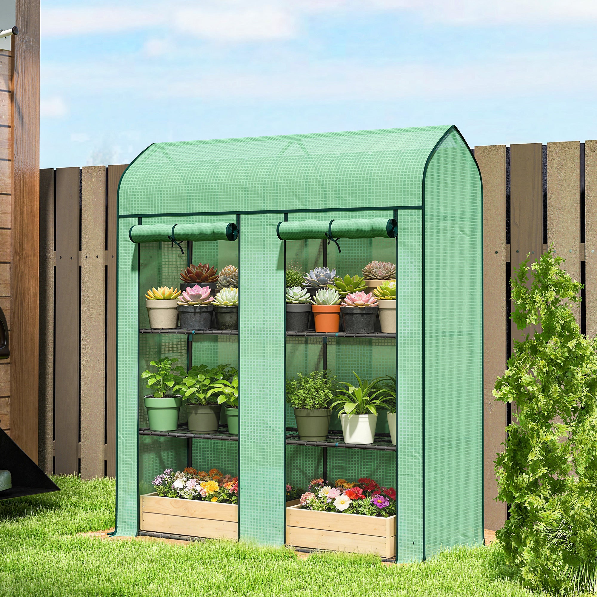 3 Tier Mini Greenhouse, Small Portable Greenhouse with 2 Roll-up Doors, 56.3" x 18.1" x 65"