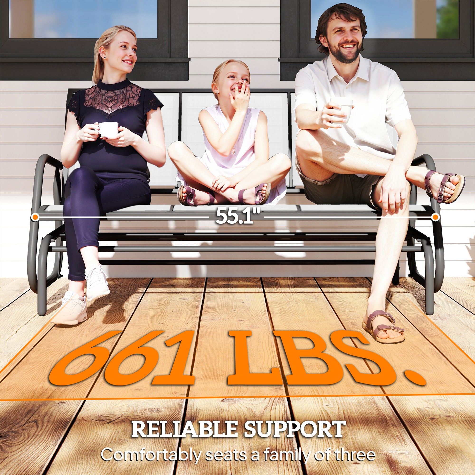 3-Person Outdoor Patio Glider Bench, Porch Glider Swing with 3 Seats, Breathable Mesh Fabric, Metal Frame