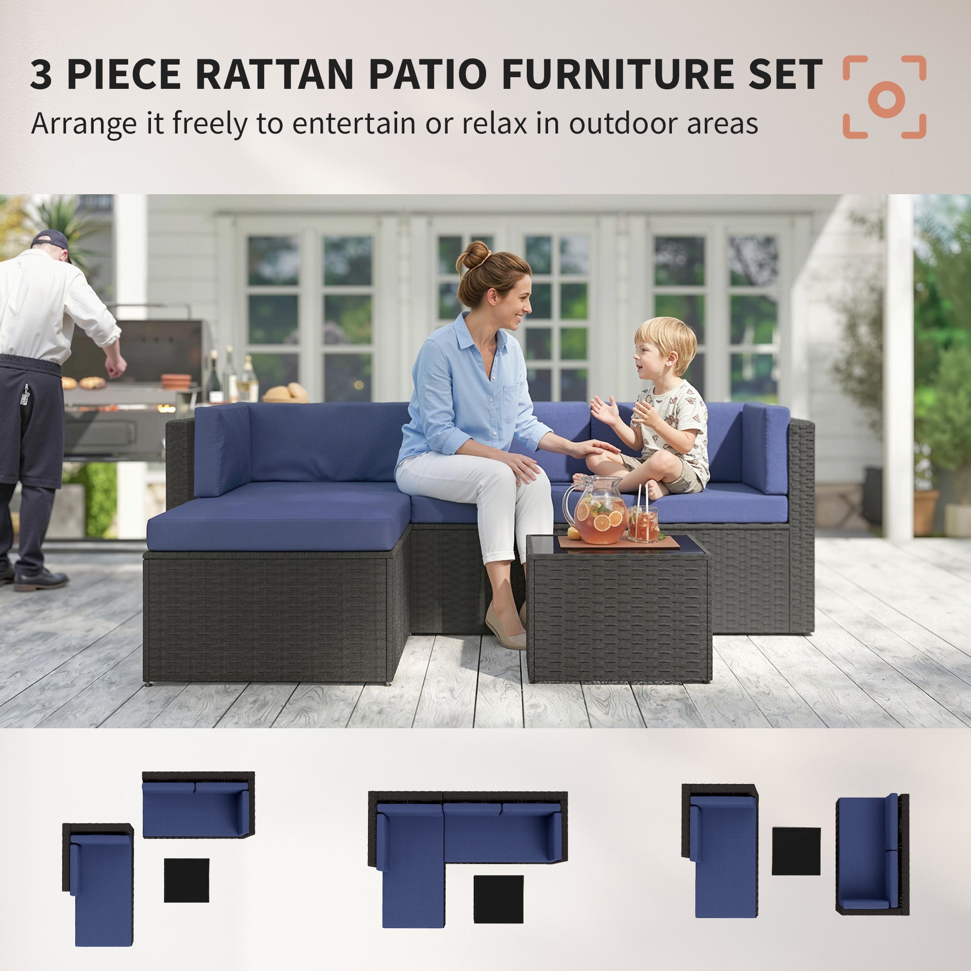 3 Piece Patio Furniture Set, Wicker Outdoor Patio Conversation Furniture Set with Cushions, Glass Top Table