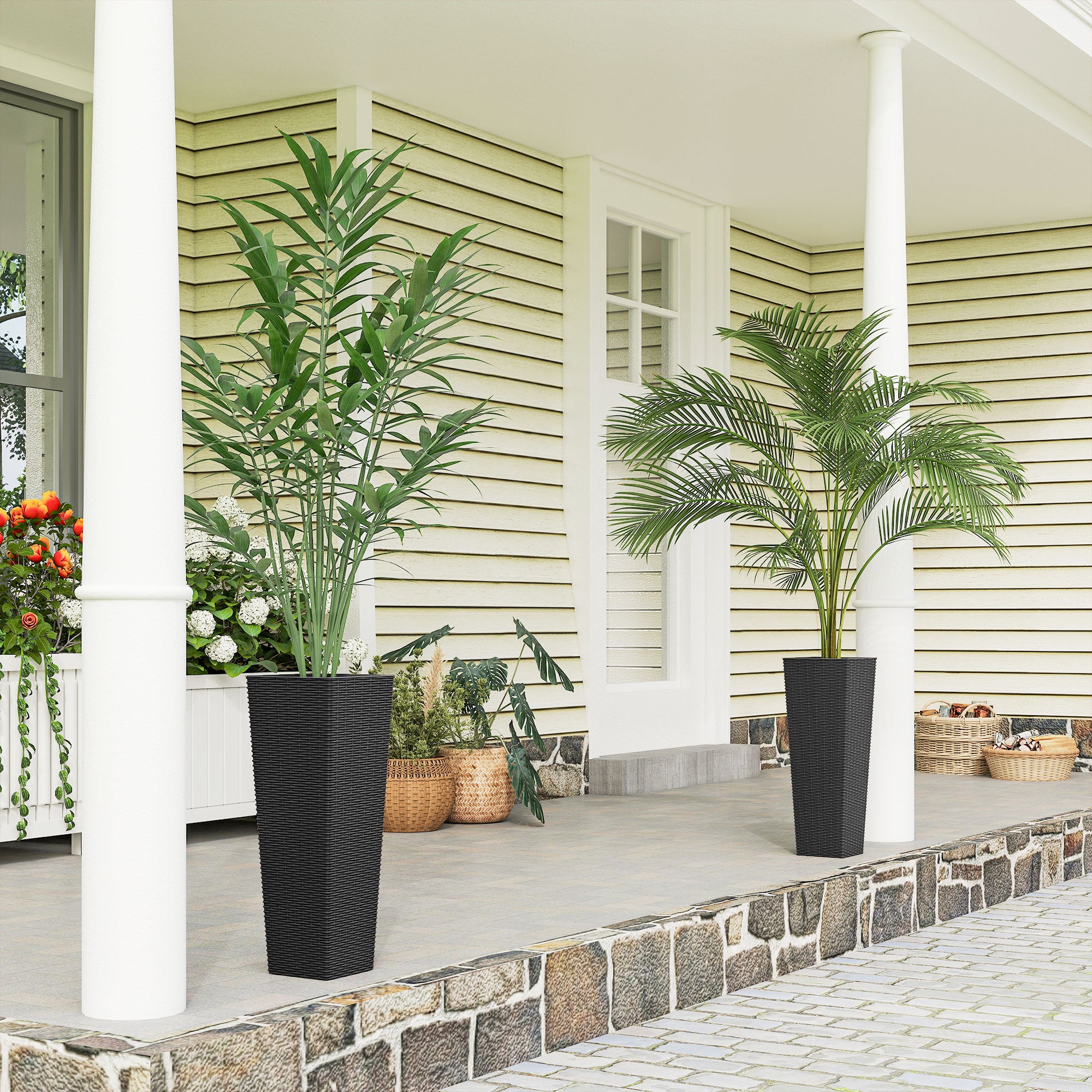 23.6 Inch Tall Planters for Outdoor Plants, Set of 2 Plastic Flower Pots with Drainage Holes