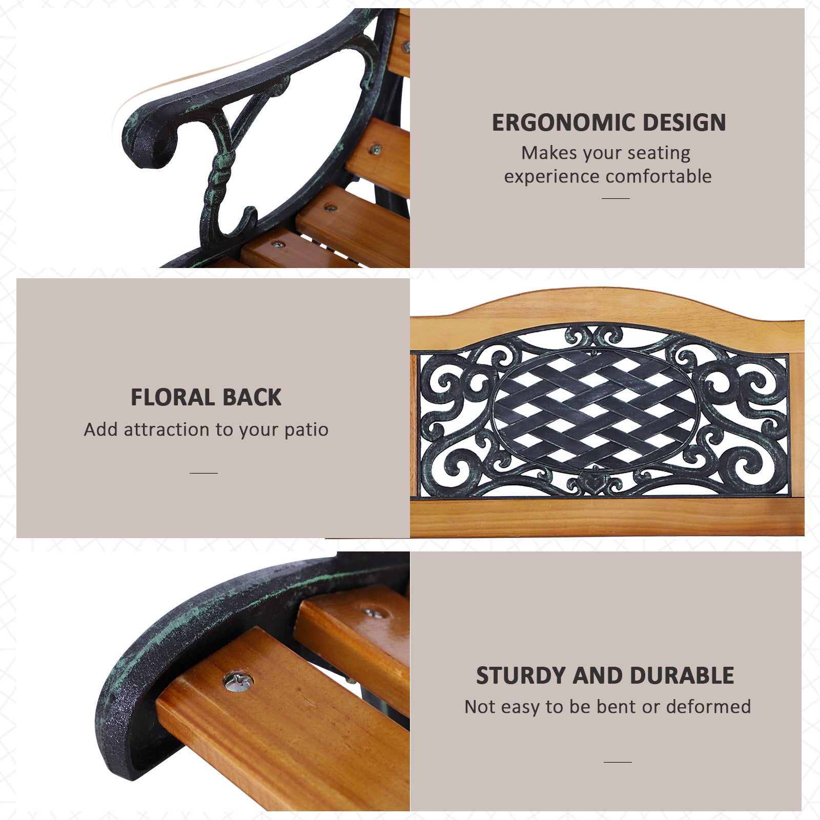 50" Outdoor Garden Bench, Park Patio Bench Loveseat, Wood & Metal Frame with Plastic Flourish Backrest, Natural Wood