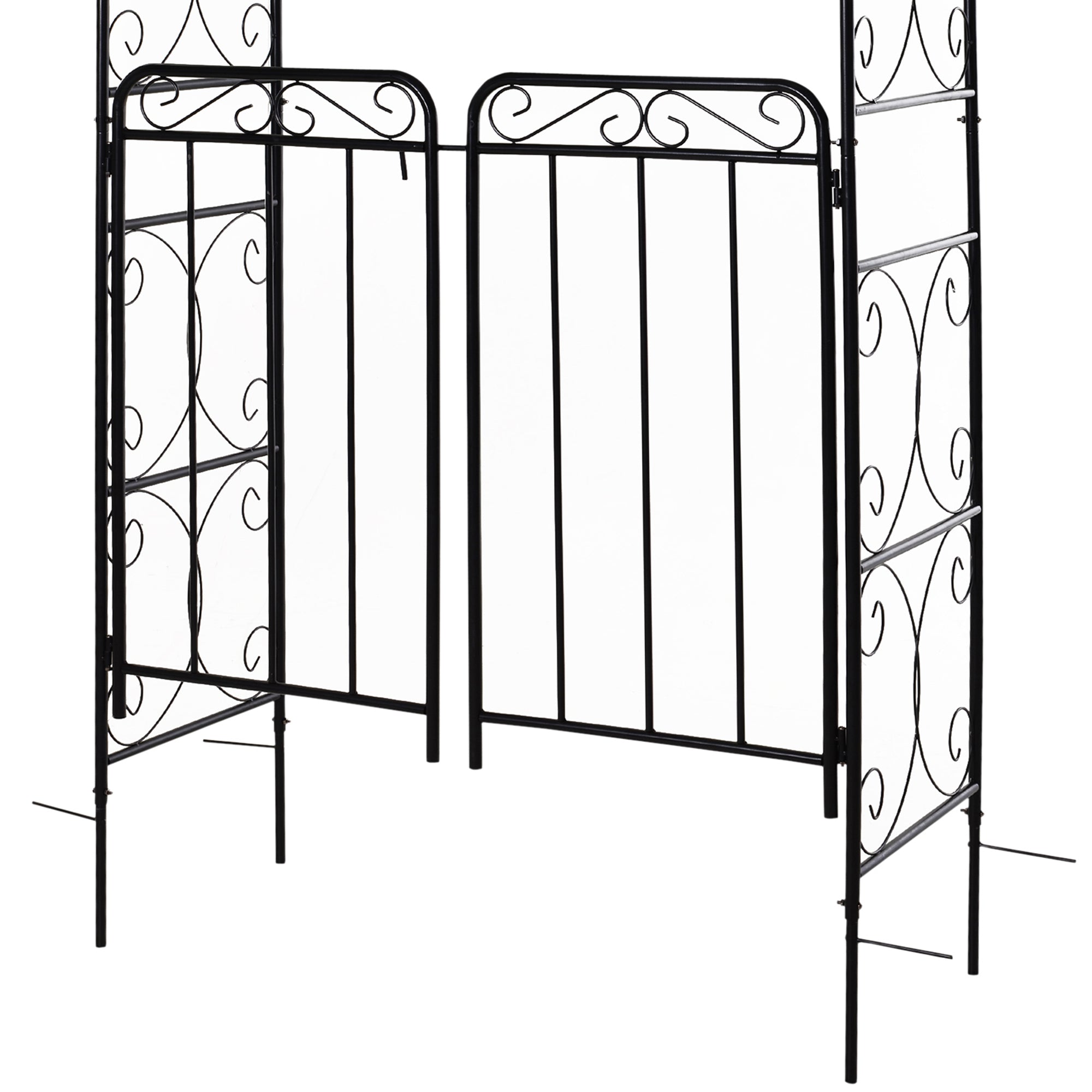 84" Garden Arch Arbor with Gate, Metal Arch Trellis, Garden Archway for Climbing Vines, Wedding Ceremony Decoration, Flourishes & Arrow Tips, Black