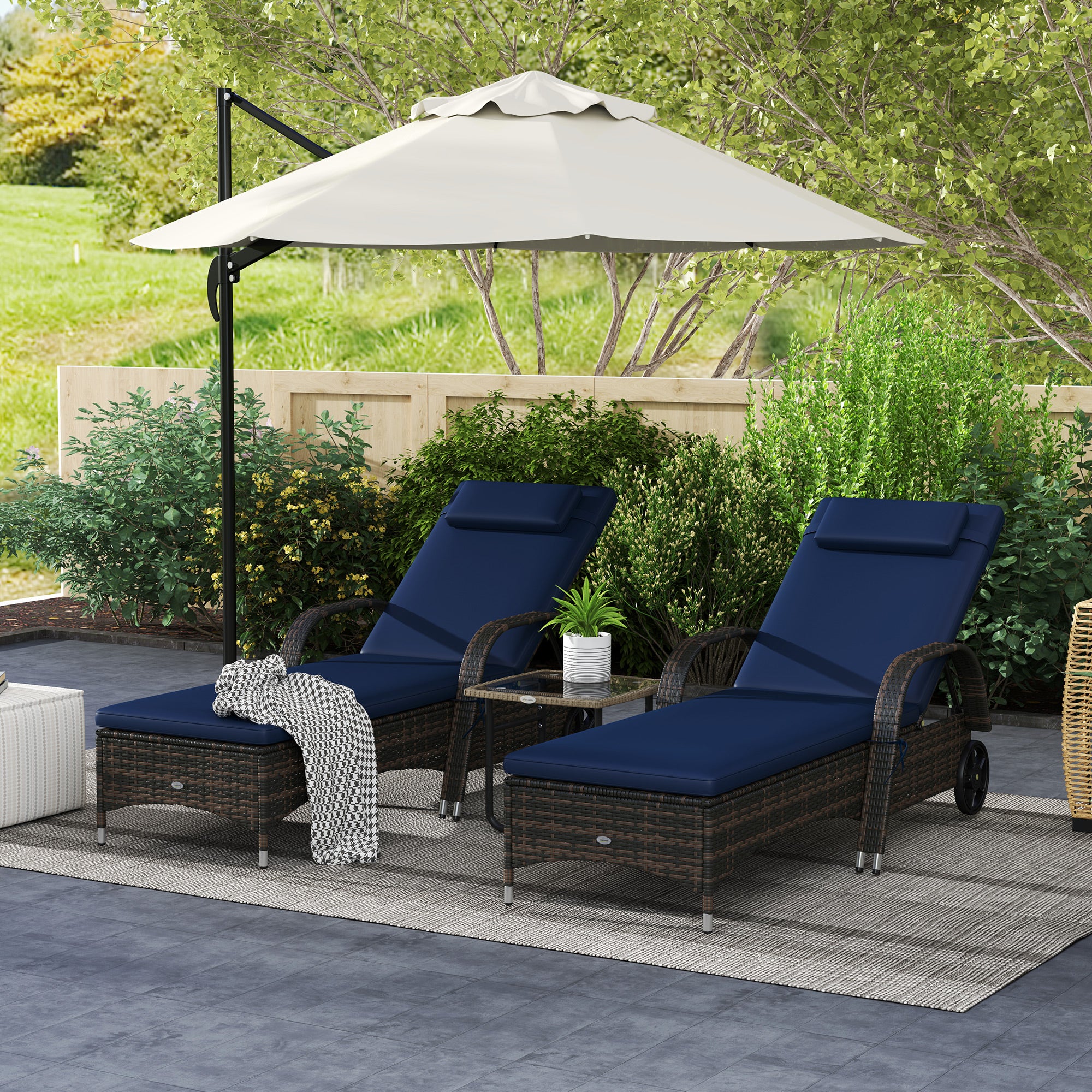 2 Reclining Chaise Lounge Chairs, Rolling Outdoor Chairs with Cushion, Pillow, Headrest, Armrests, and Wheels