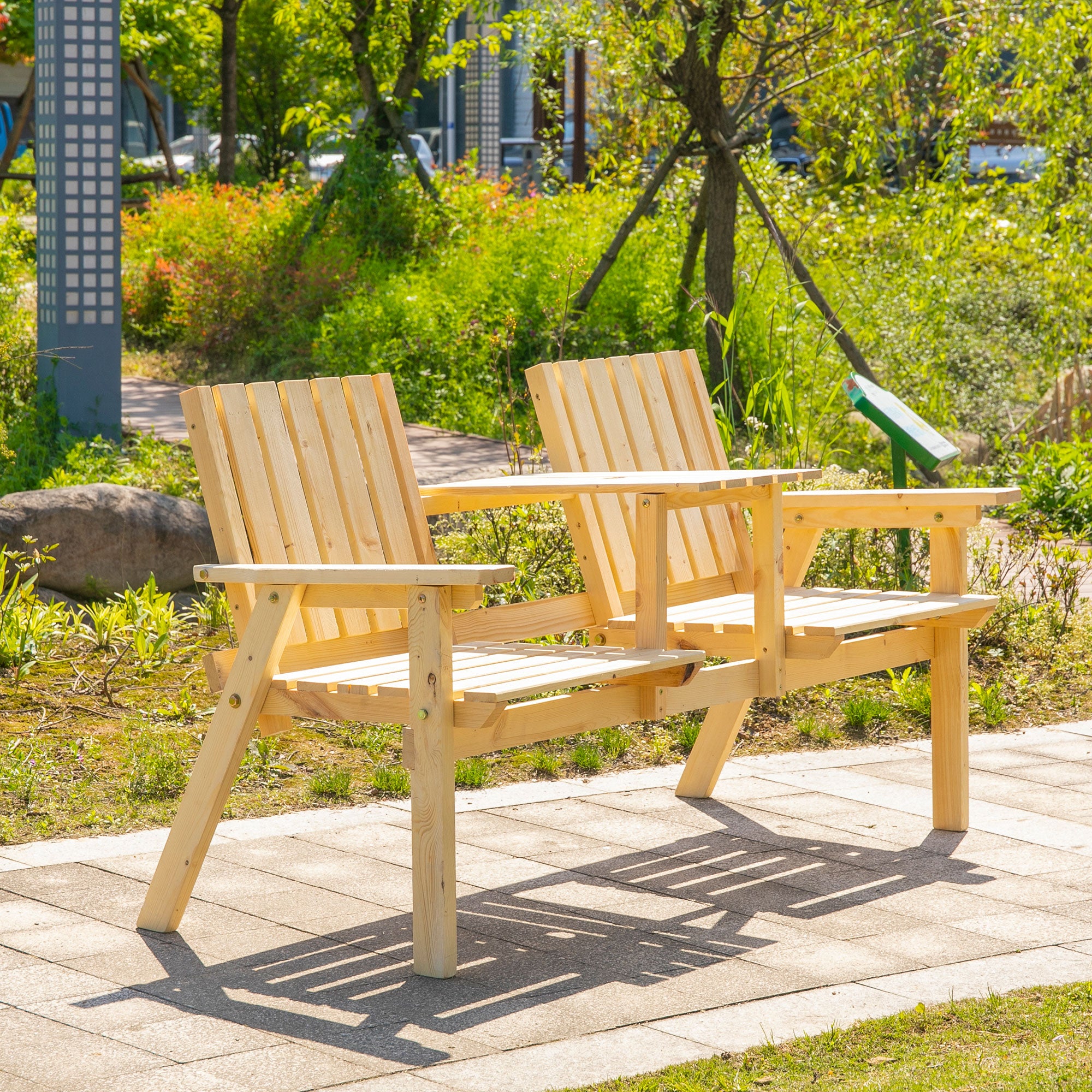 Patio Bench, Garden Bench with Middle Table and Umbrella Hole, Wooden Outdoor Bench for Patio, Porch, Poolside, Balcony
