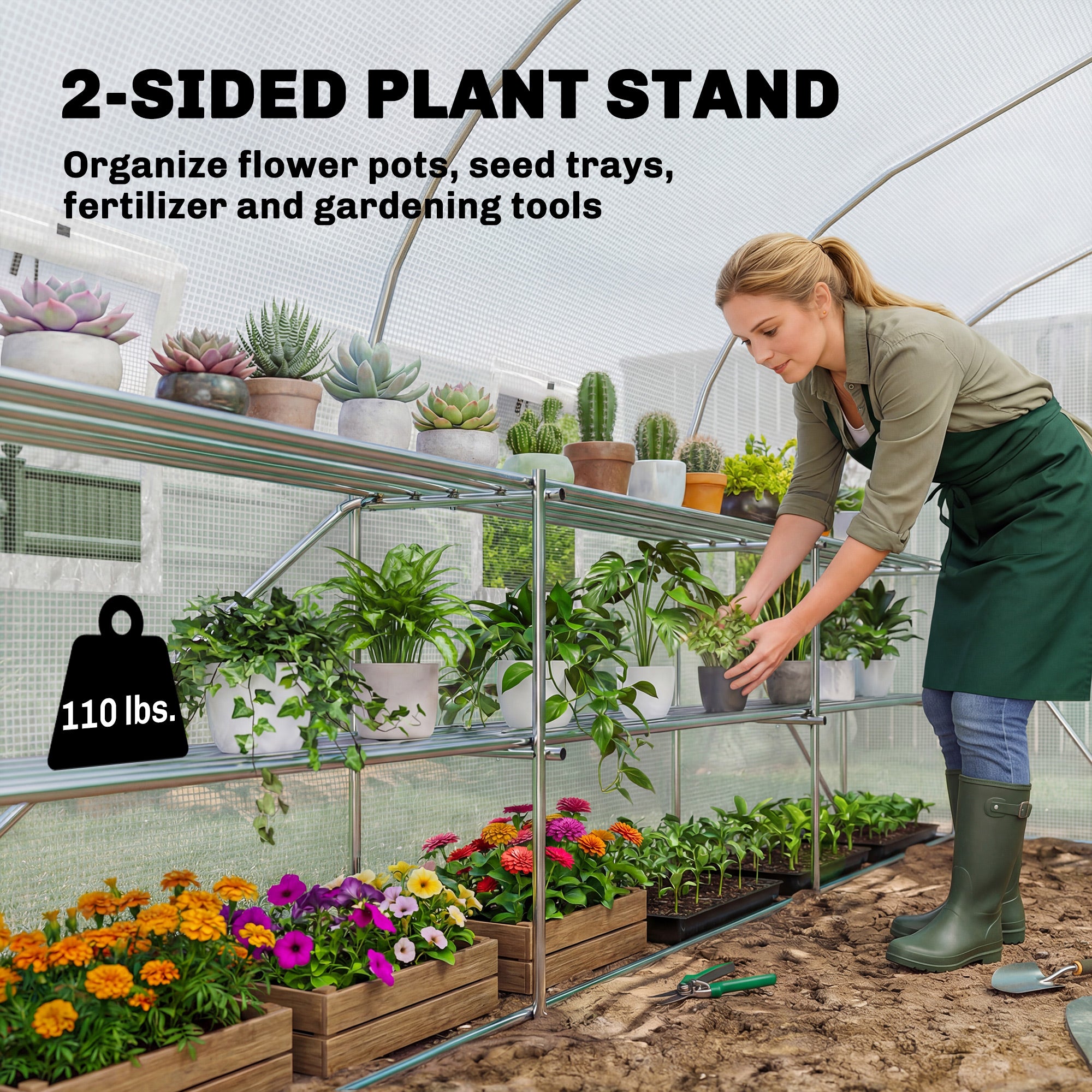 10'x11'x6' Walk-in Tunnel Greenhouse with Shelves, Mesh Door and Windows, Plant Hot House with PE Cover