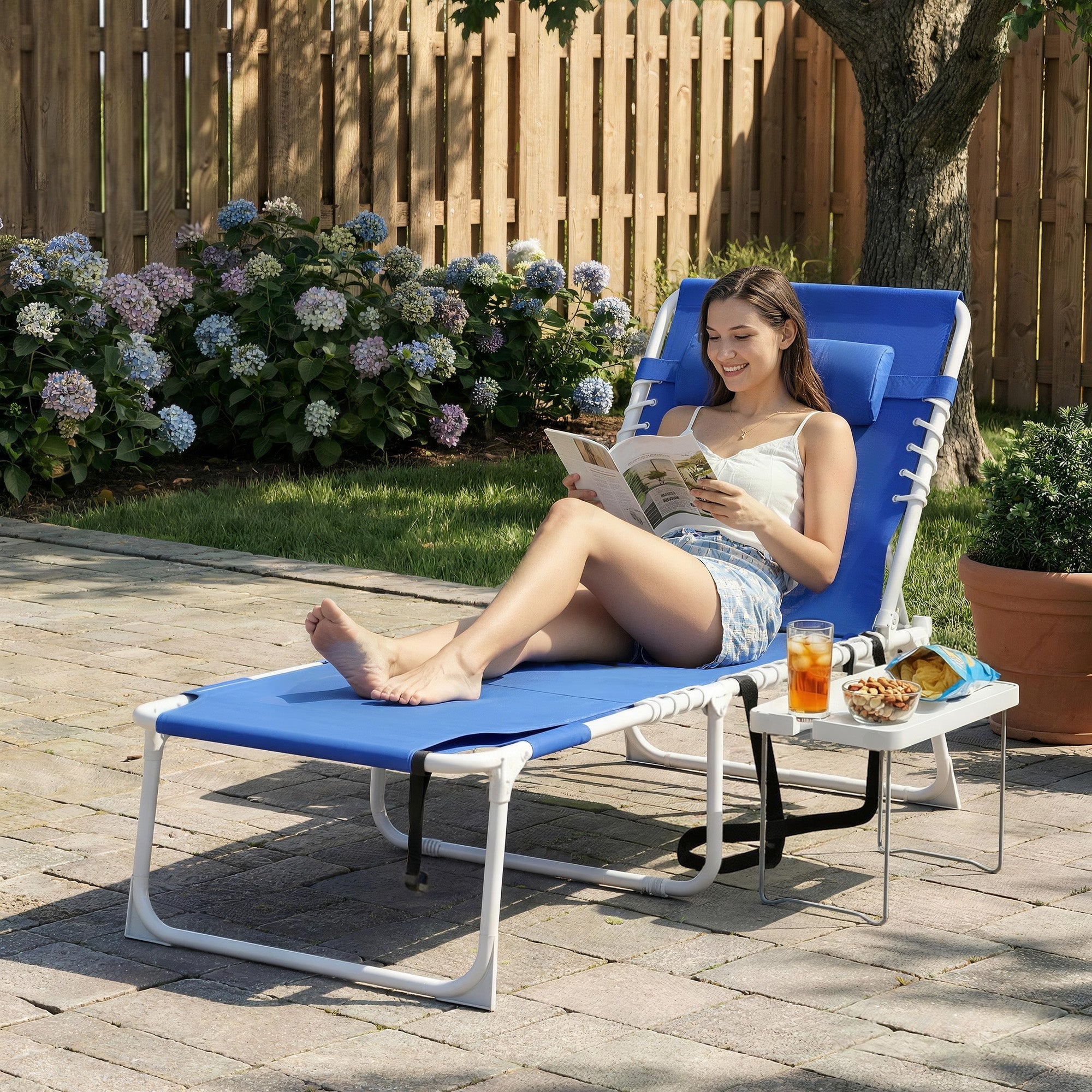 Tanning Chair with Face Hole and Side Table, 5-Position Folding Outdoor Chaise Lounge Chair