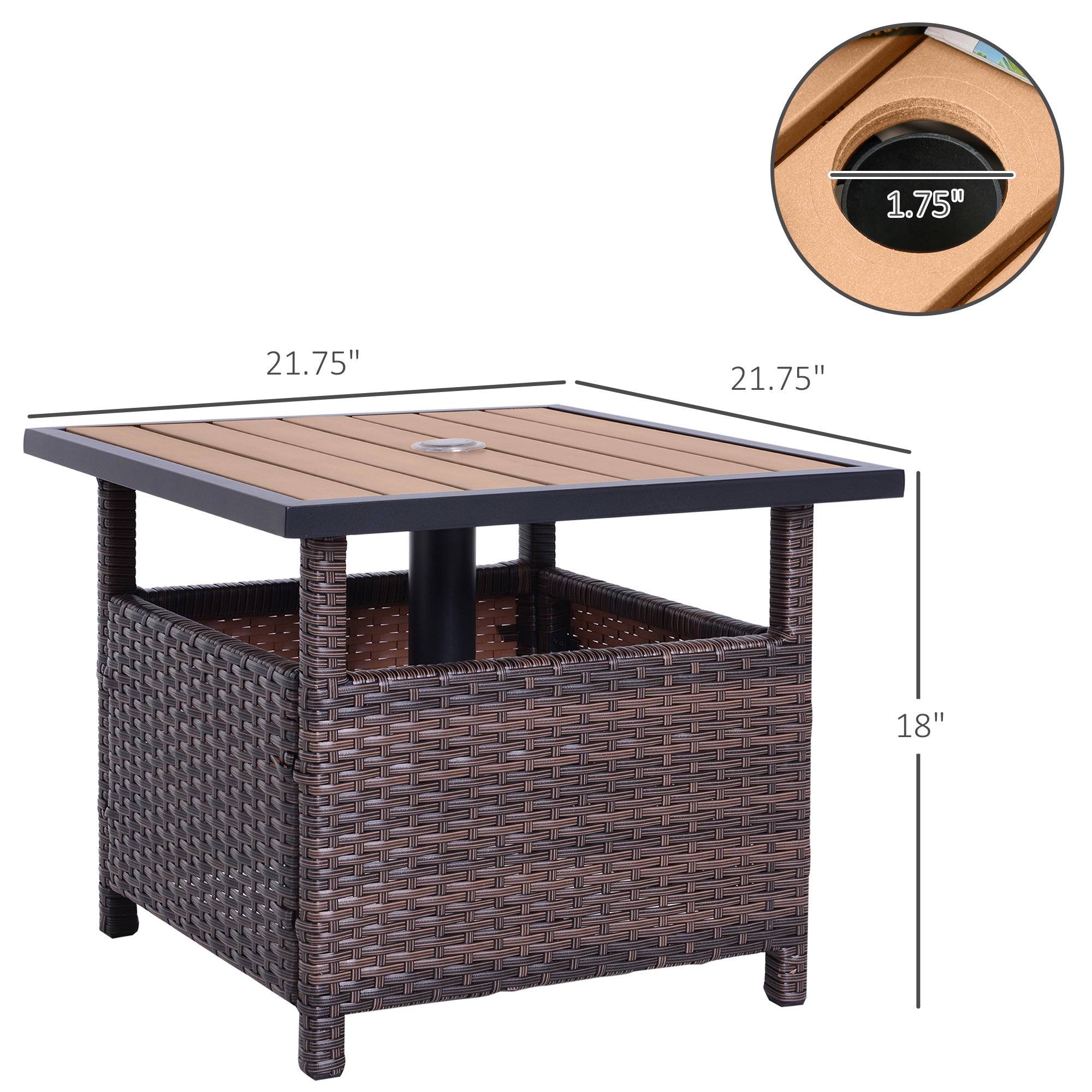 22" Outdoor Side Table with Umbrella Hole, Rattan Wicker End Table with Sand Bag and Steel Frame for Patio, Garden, Backyard