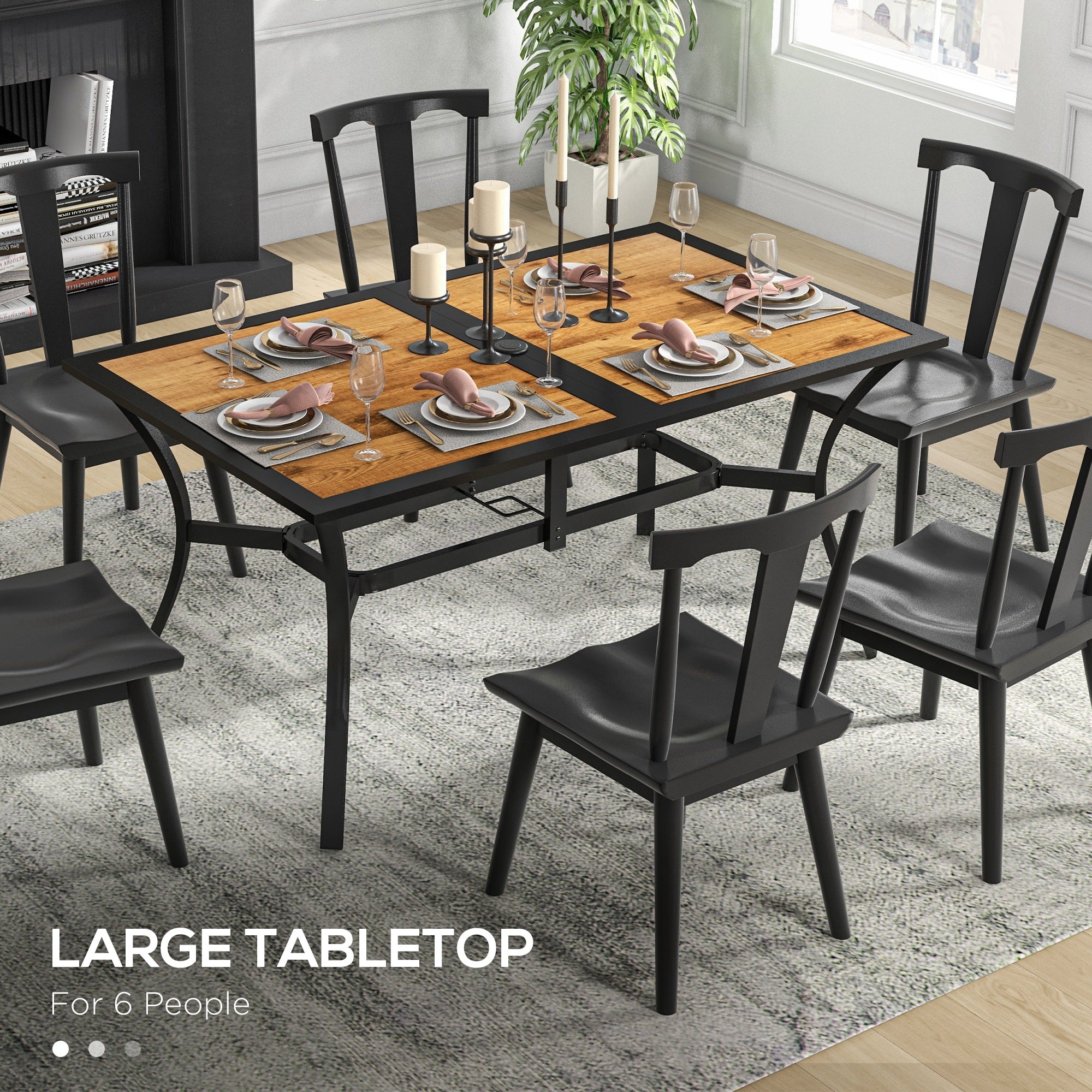 Rectangular Patio Table with Umbrella Hole, Faux Wood Rectangle Outdoor Dining Table for 6 People for Garden, Brown