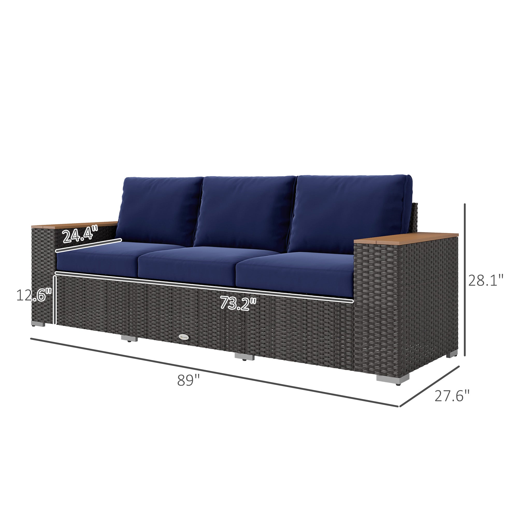 3-Seat Outdoor Patio Sofa, PE Wicker Outdoor Couch with Extra Wide Deep Seat, Wide Armrests 4" Cushions