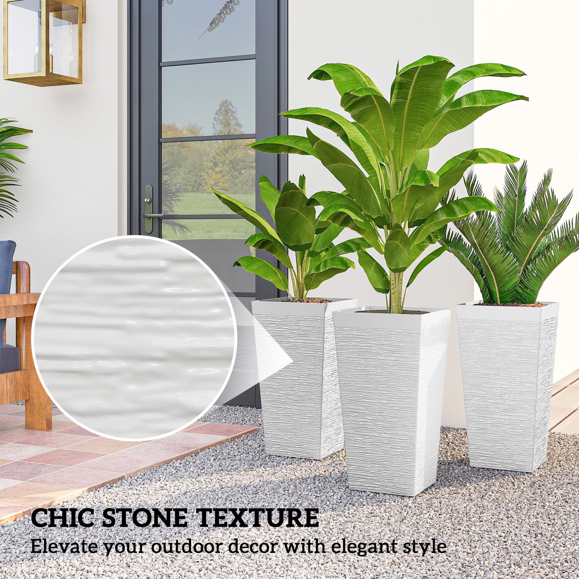 22.8 Inch Set of 3 Outdoor Planters with Stone Finish and Wheels, Stackable Tapered Planters with Drainage Hole