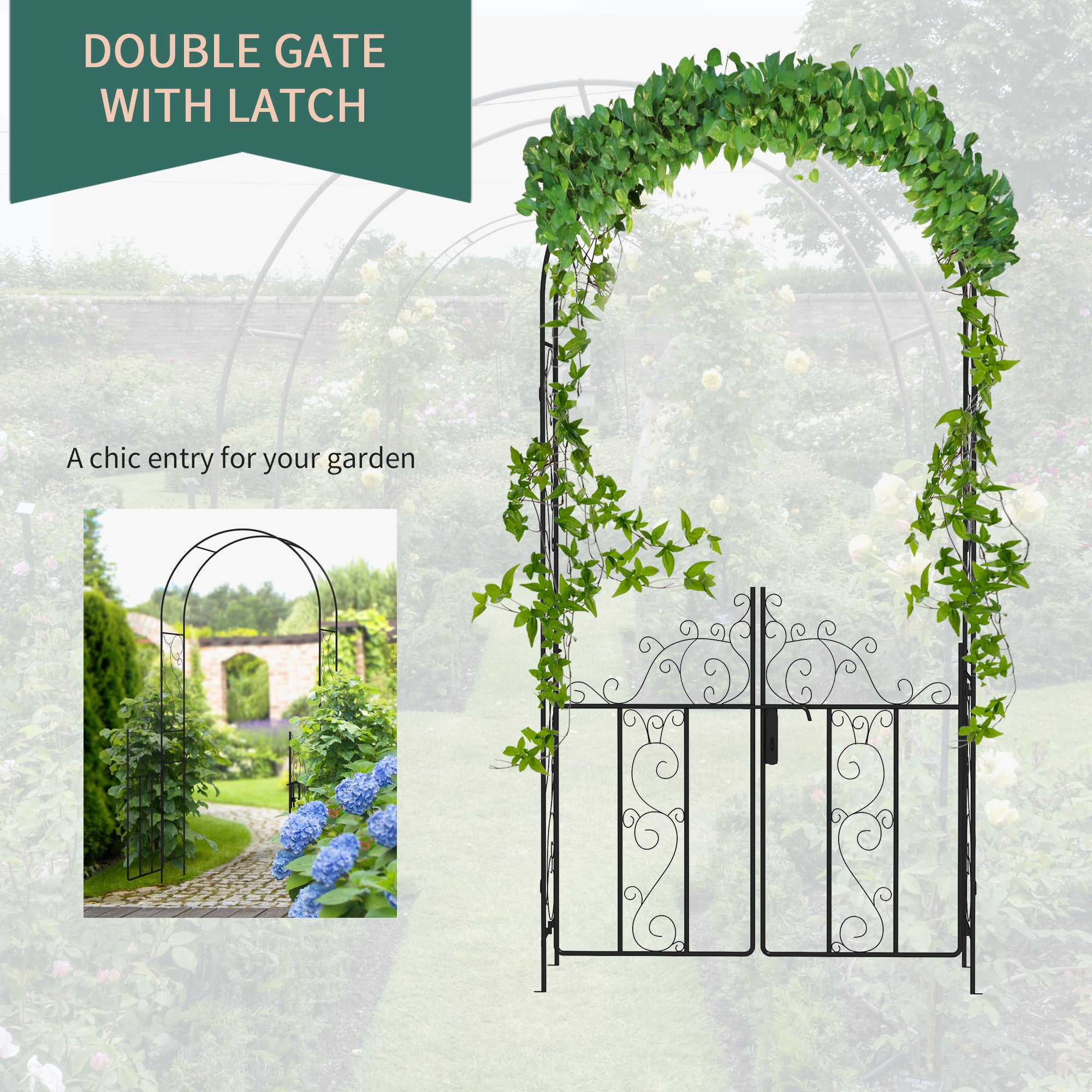 89.25" Metal Garden Arch with Gate, Garden Arbor Trellis for Climbing Plants, Roses, Vines, Wedding Arch, Black