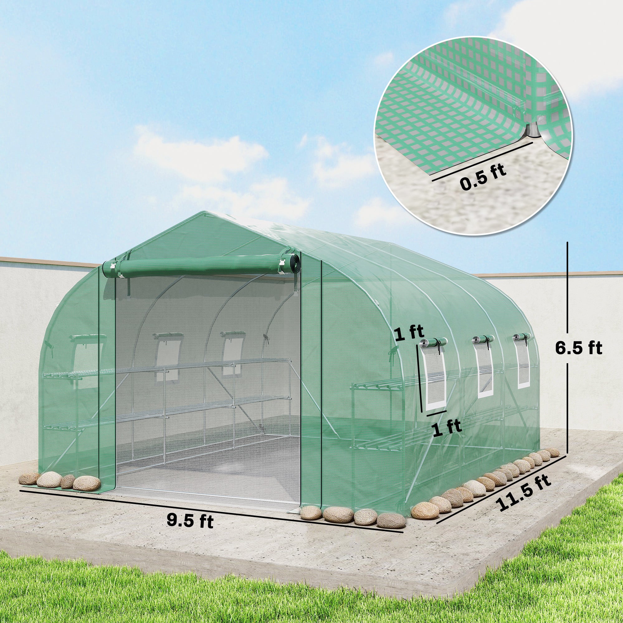 10'x11'x6' Walk-in Tunnel Greenhouse with Shelves, Mesh Door and Windows, Plant Hot House with PE Cover