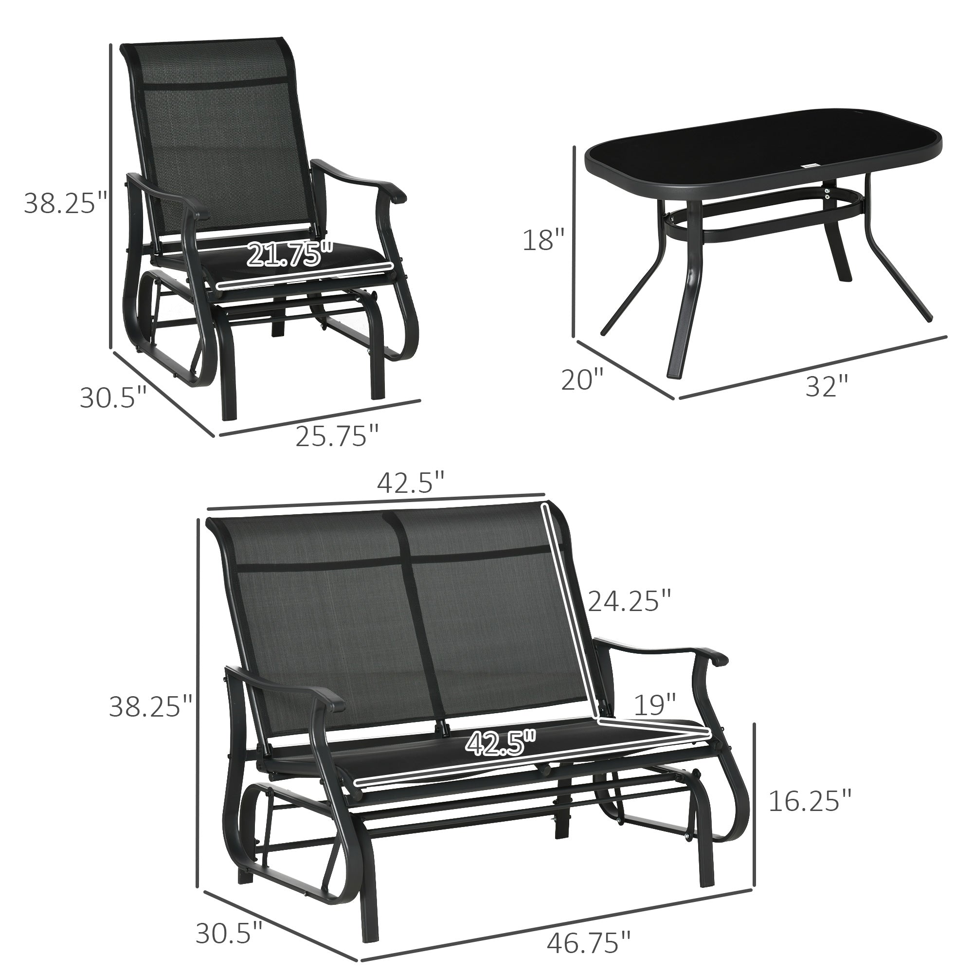 4 Pieces Gliders Set, Outdoor Furniture Sets with 2-Person Glider Patio Bench, Single Sling Chair and Glass Coffee Table for Backyard, Lawn and Garden, Black