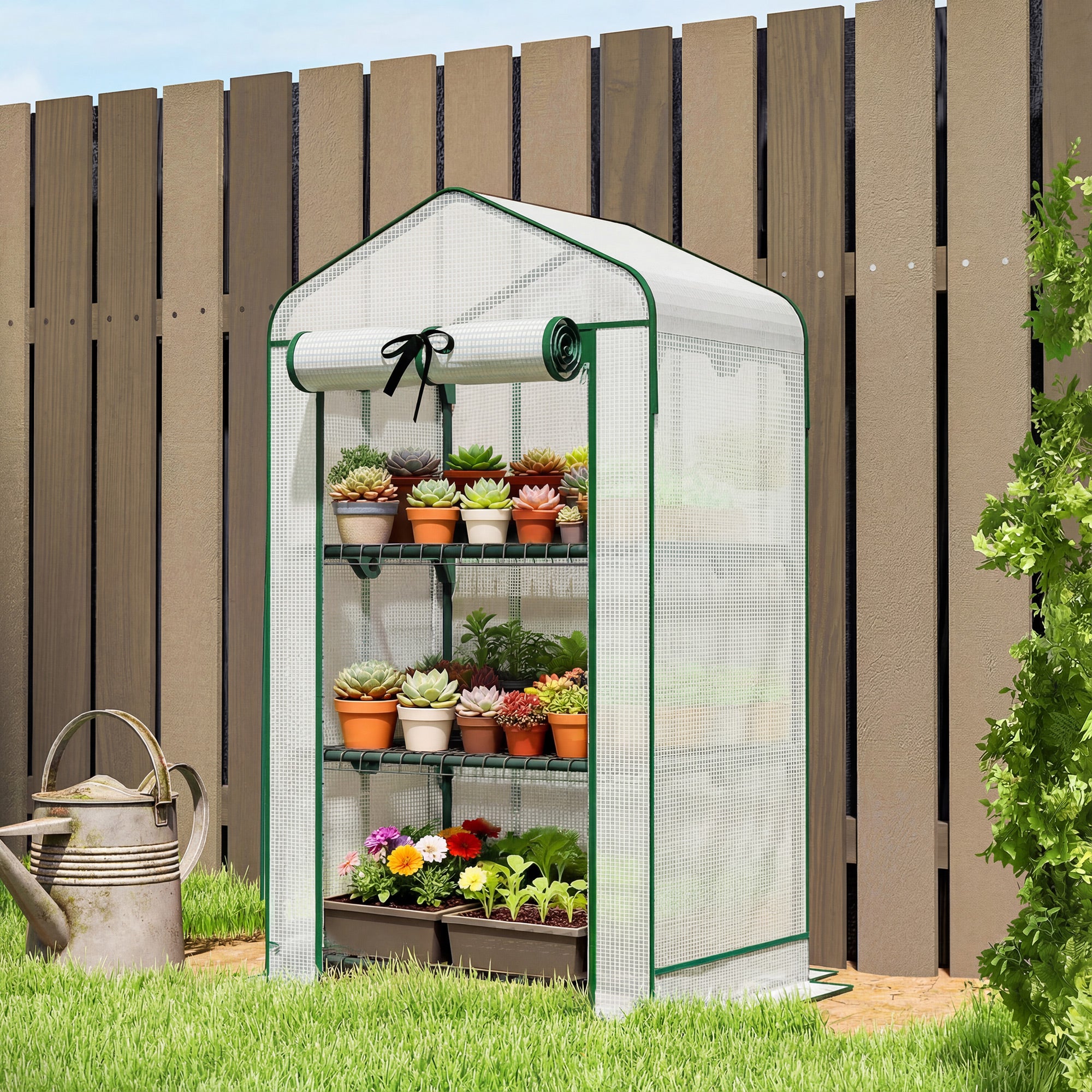 Mini Greenhouse with Screen Roof, Portable Small Greenhouse with Roll-Up Zipper Door, 27.6" x 19.7" x 50"