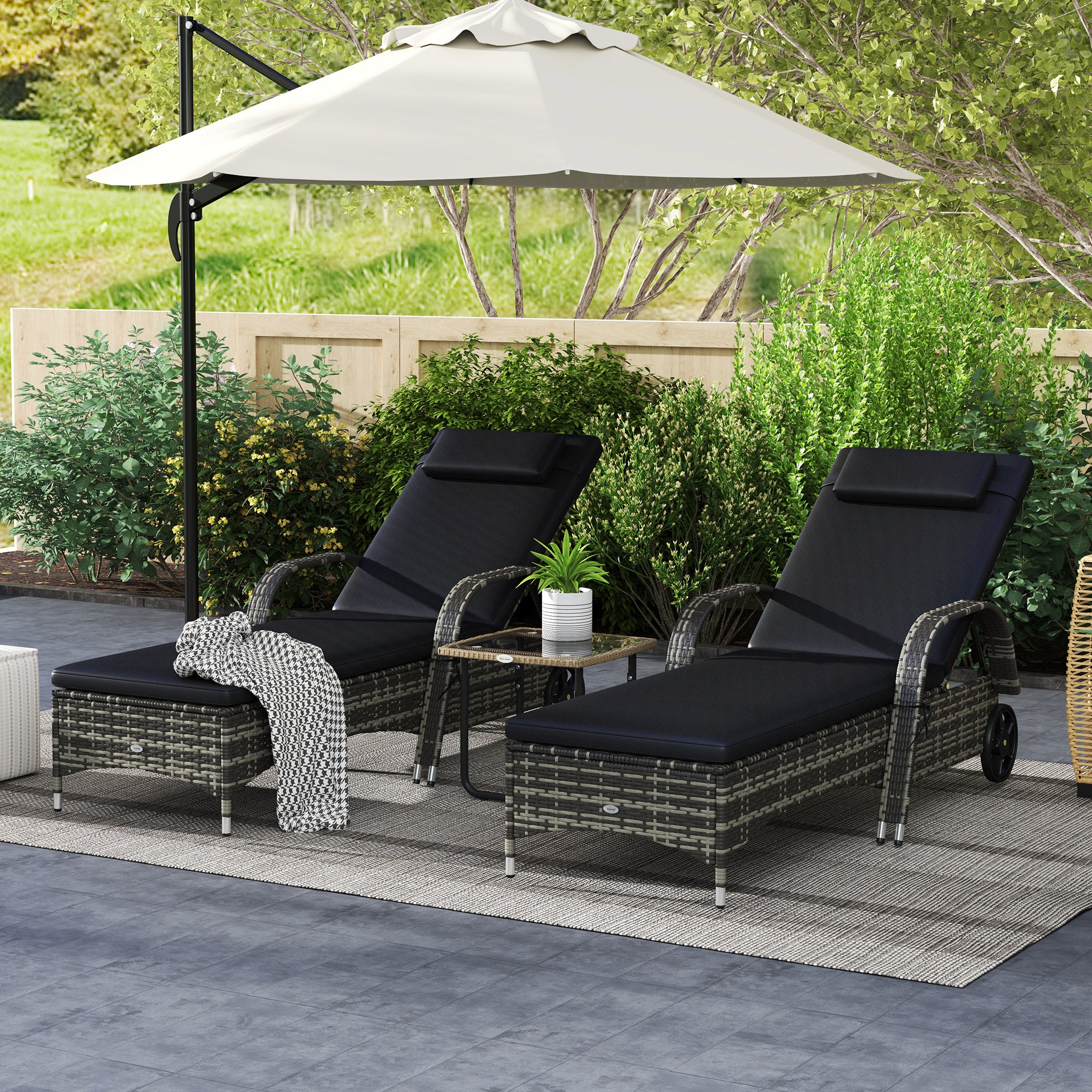 2 Reclining Chaise Lounge Chairs, Rolling Outdoor Chairs with Cushion, Pillow, Headrest, Armrests, and Wheels