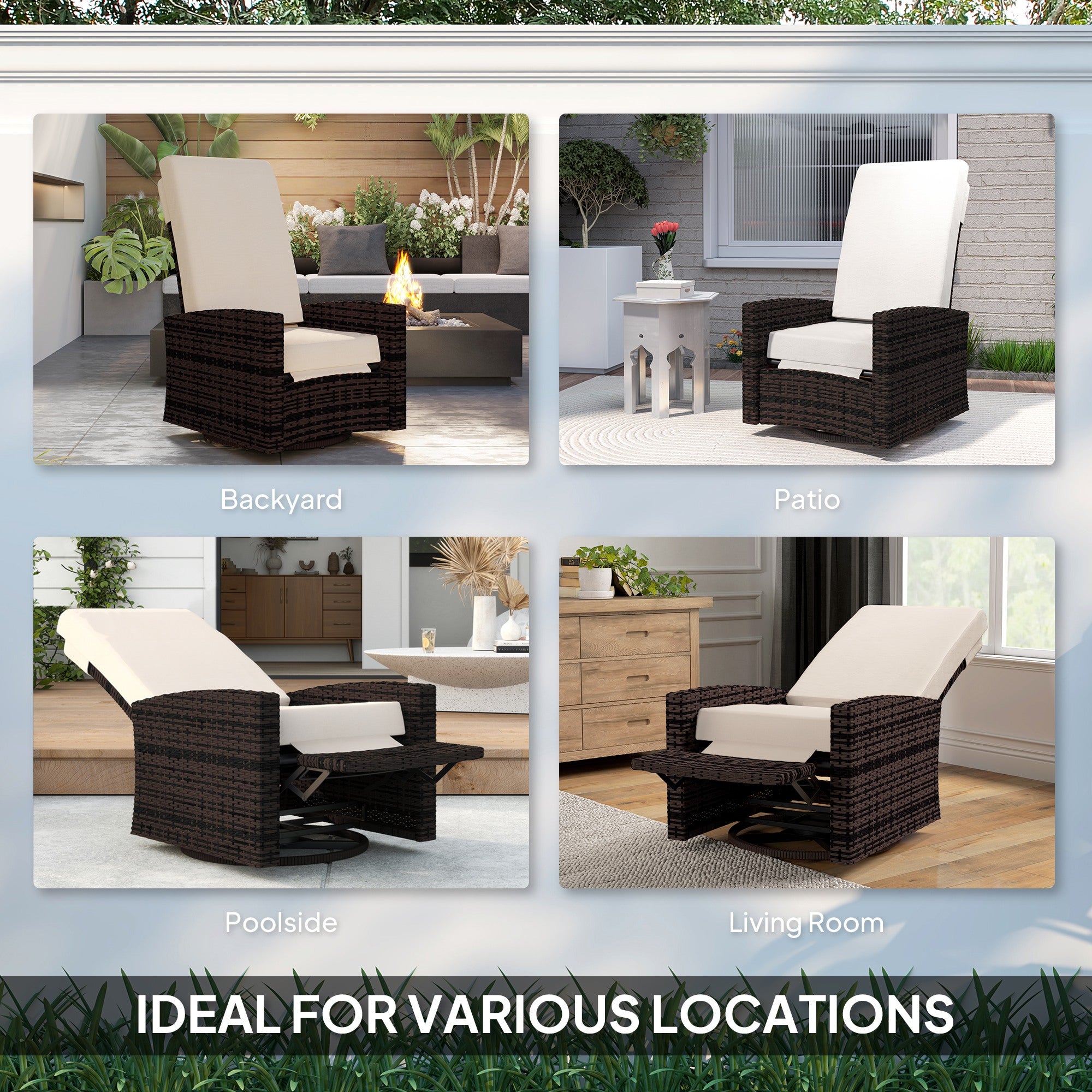 Outdoor Wicker Swivel Recliner Chair, Lifting Footrest, 360° Rotating Basic, Water-resistant Cushions, Dark
