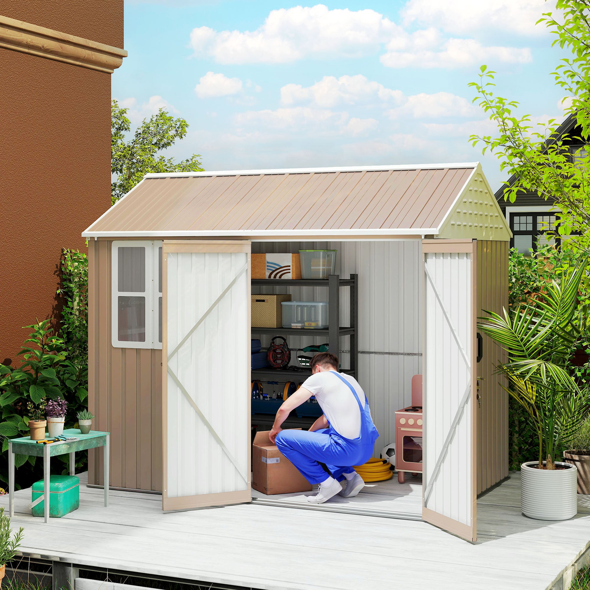 8' x 5.5' Metal Garden Storage Shed, Extra Large Outdoor Tool Storage House w/Lockable Doors, Window, Air Vents