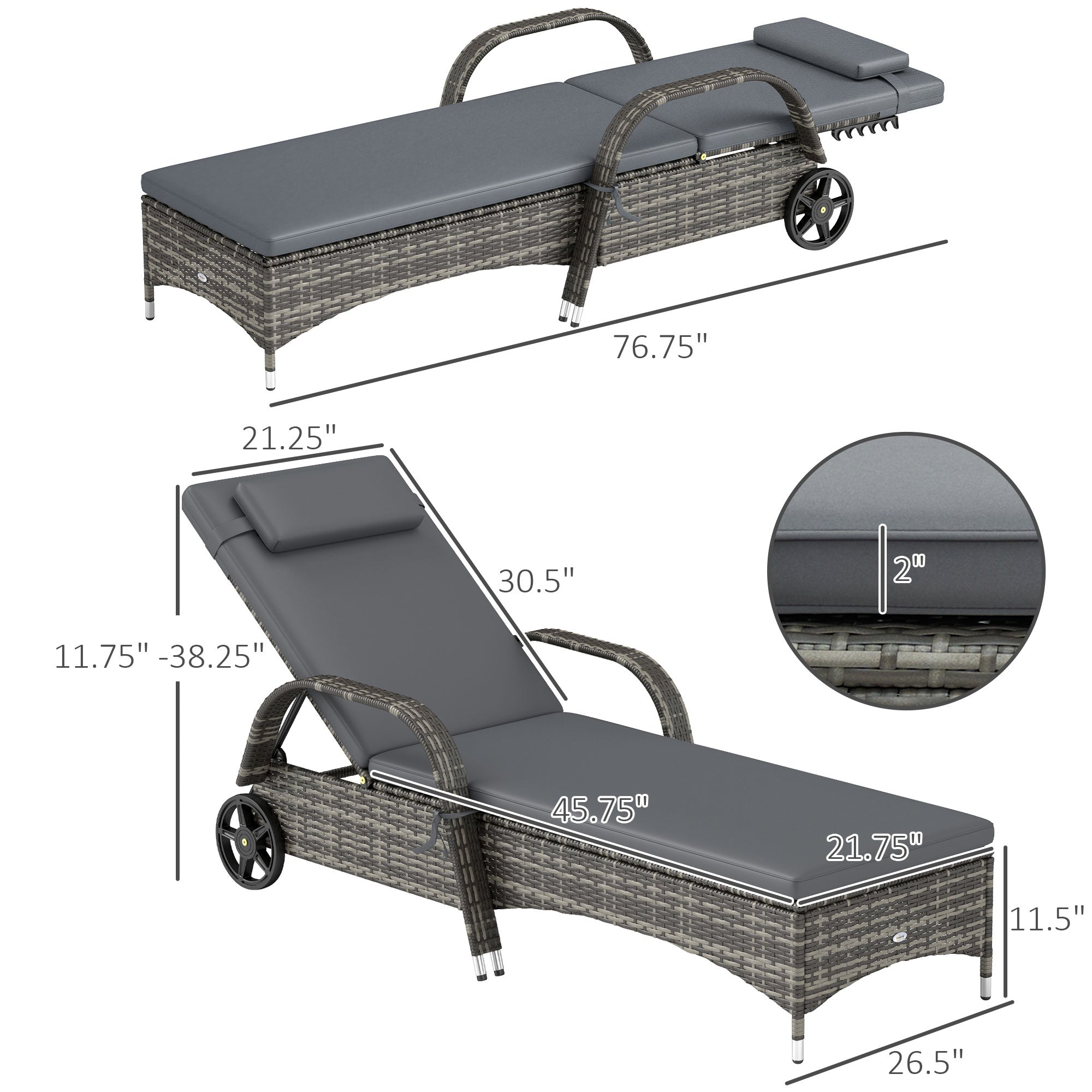 2 Reclining Chaise Lounge Chairs, Rolling Outdoor Chairs with Cushion, Pillow, Headrest, Armrests, and Wheels