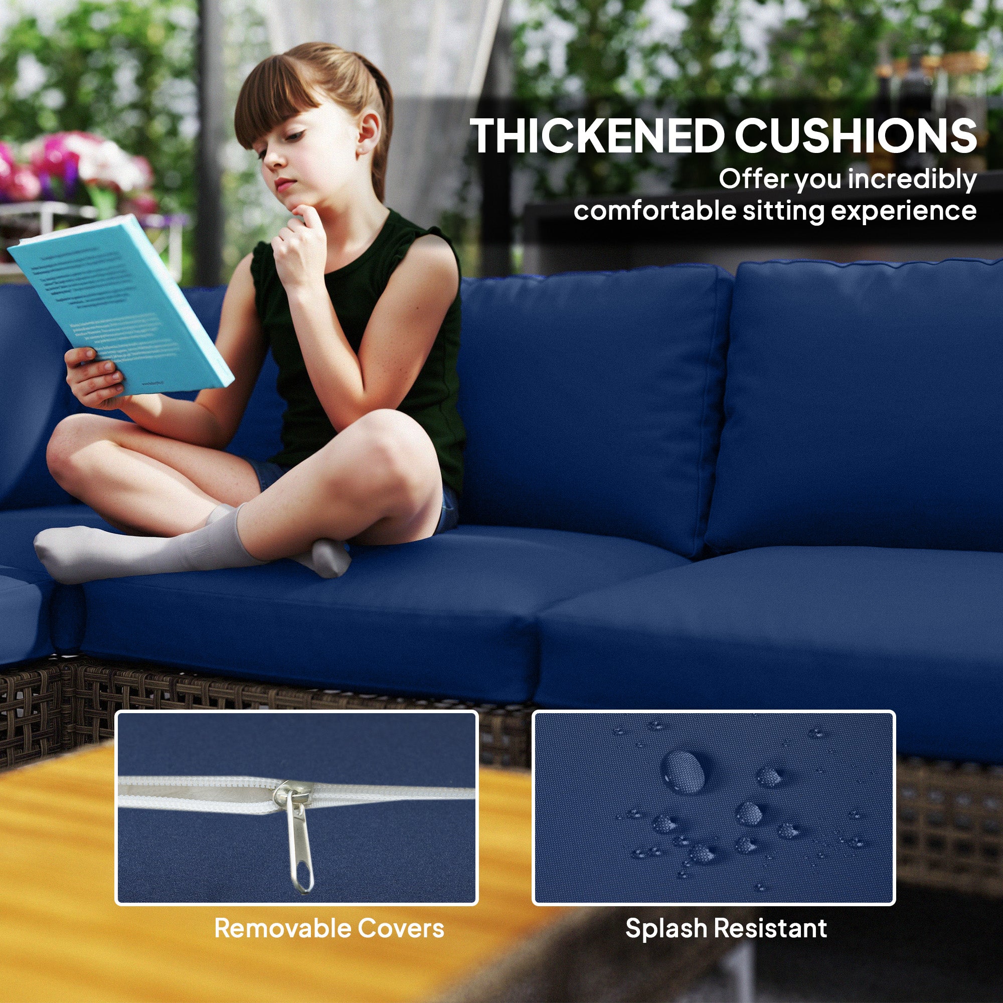 7 Piece Wicker Patio Furniture Set, Modular Outdoor Sectional with Thickened Cushions, Acacia Wood Table