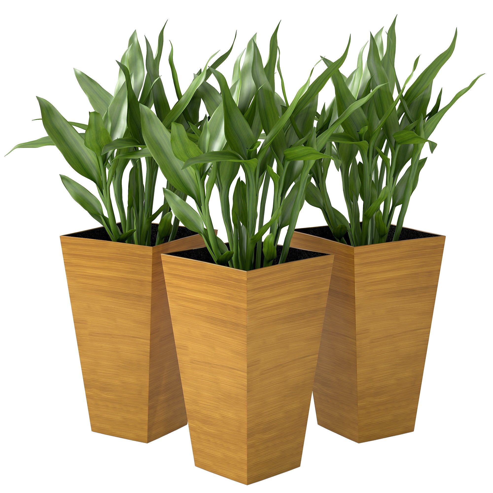 Set of 3 Tall Planters, 28" Outdoor Planter w/ Drainage Holes, Faux Wood Plastic Flower Pots