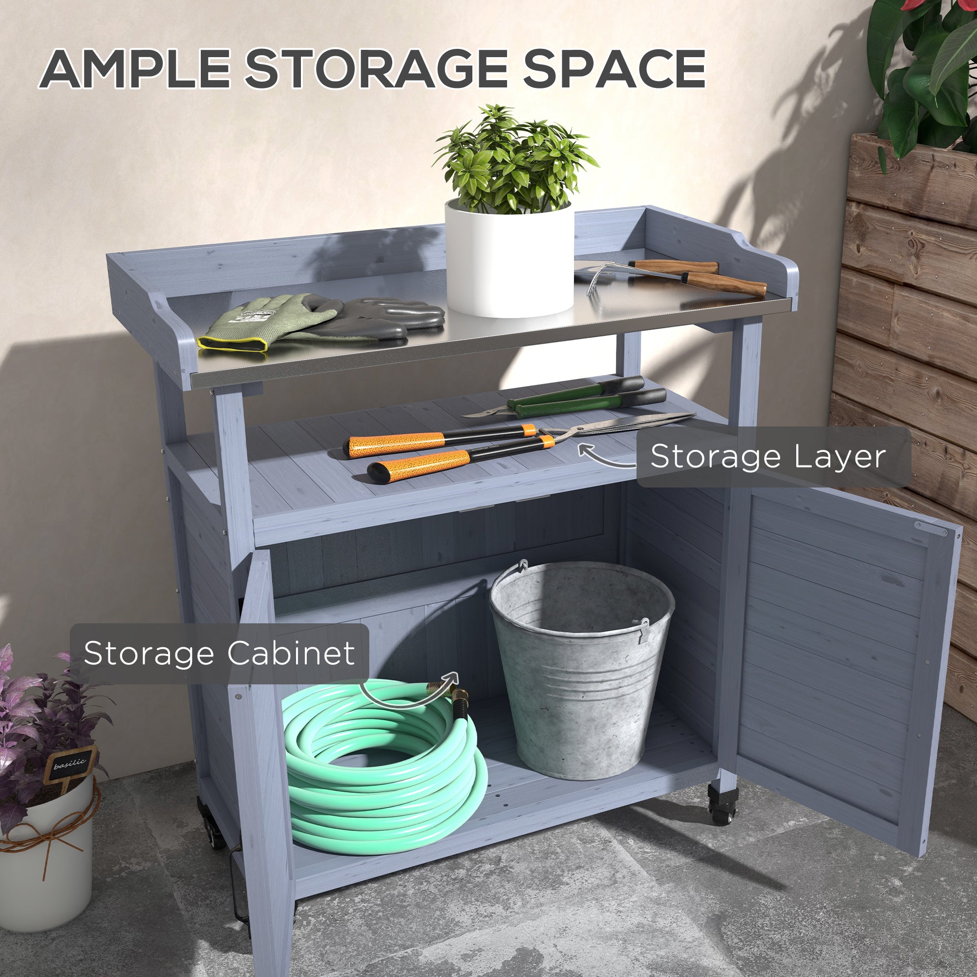 Outdoor Wooden Potting Bench with Storage Cabinet, Aluminum Tabletop, Rubber Wheels for Backyard, Patio, Balcony