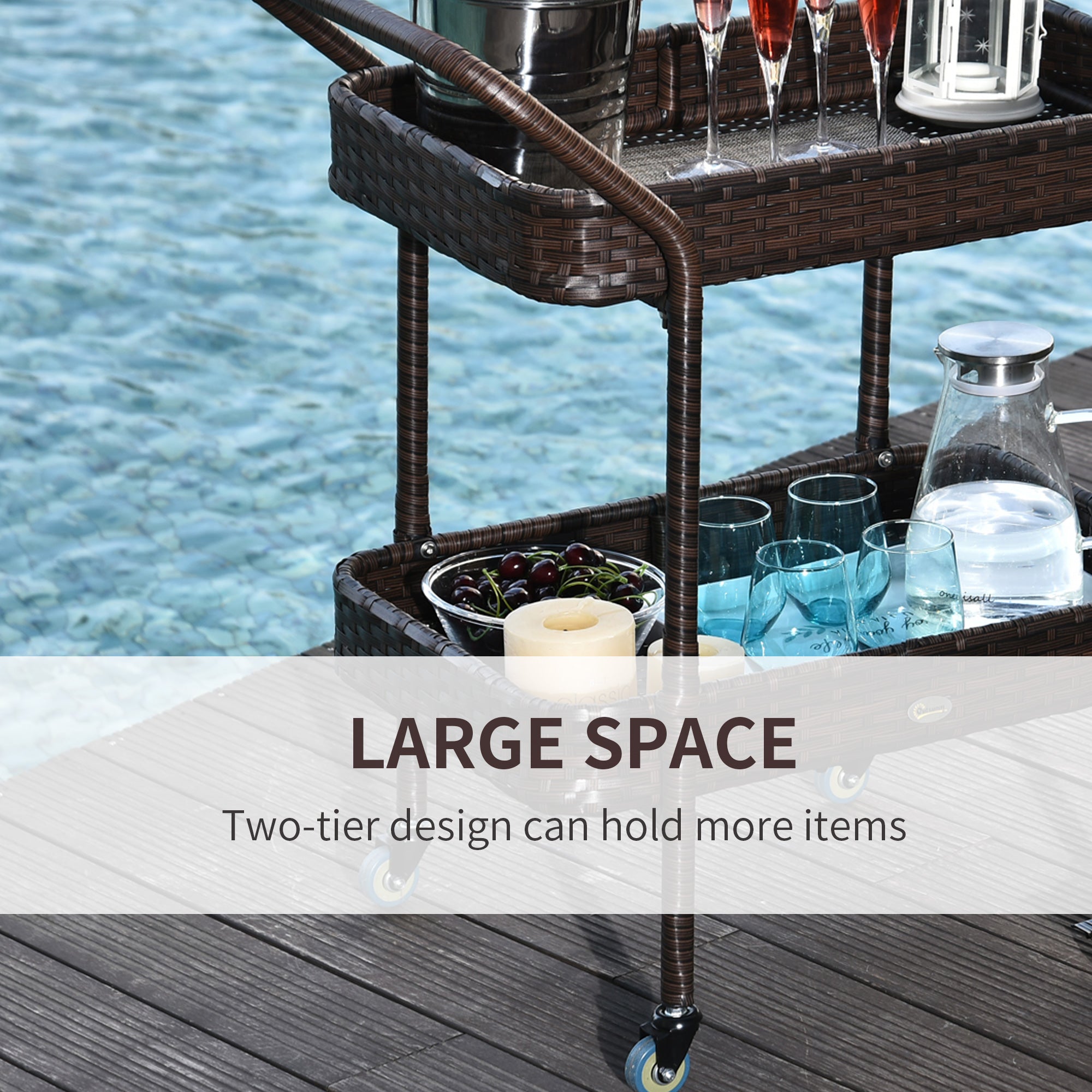 PE Rattan Outdoor Bar Table, Outdoor Kitchen Island with 2-Tier Shelf, Wheeled Patio Serving Cart with Brakes for Poolside, Garden, Brown