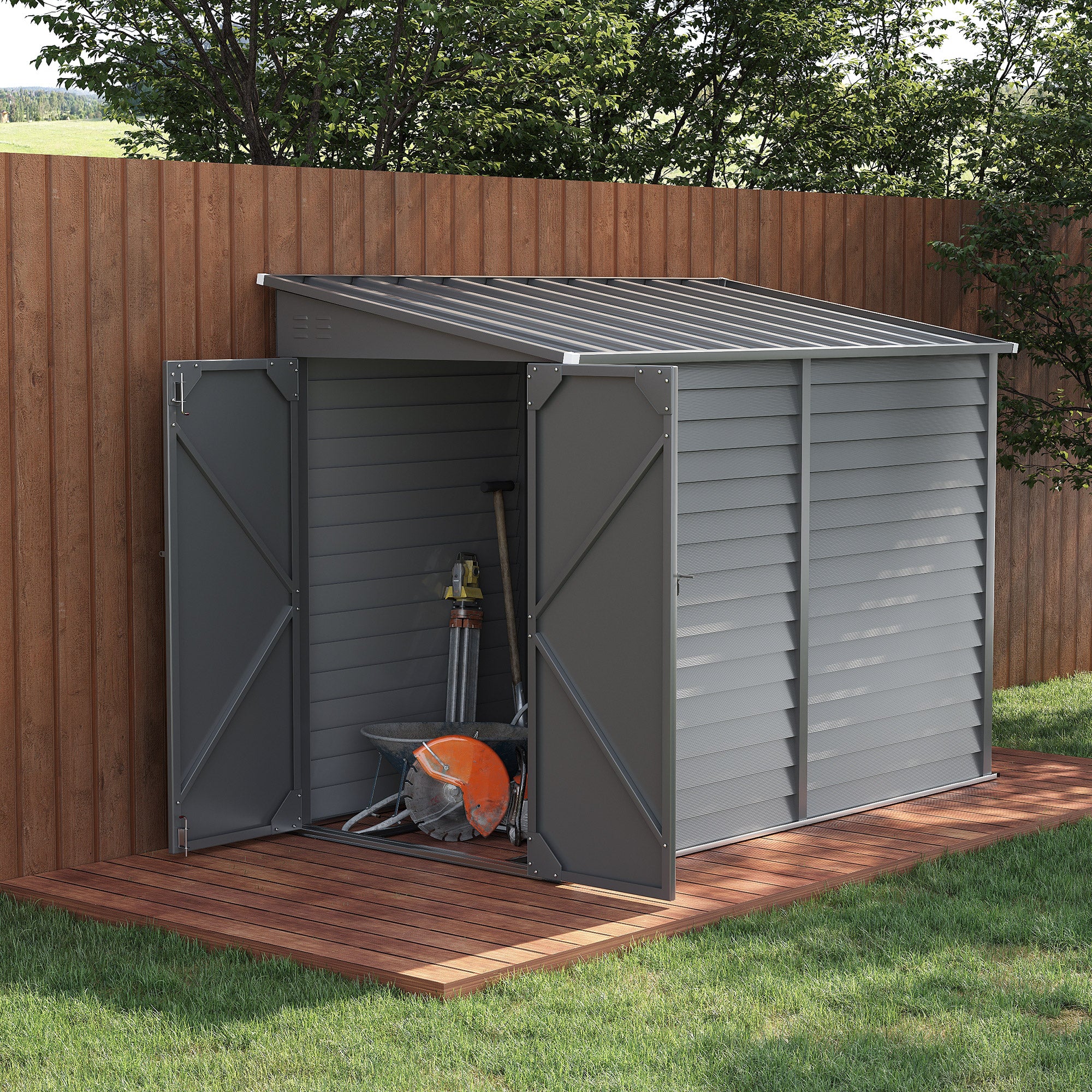 4.6' x 9' Outdoor Storage Shed, Lean to Metal Shed with Foundation Kit, Lockable Doors and Gloves for Patio, Lawn