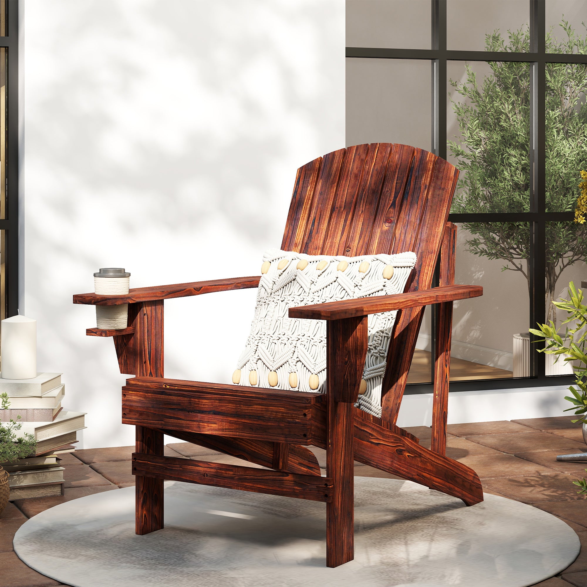Oversized Adirondack Chair, Outdoor Fire Pit and Porch Seating, Classic Log Lounge w/ Built-in Cupholder
