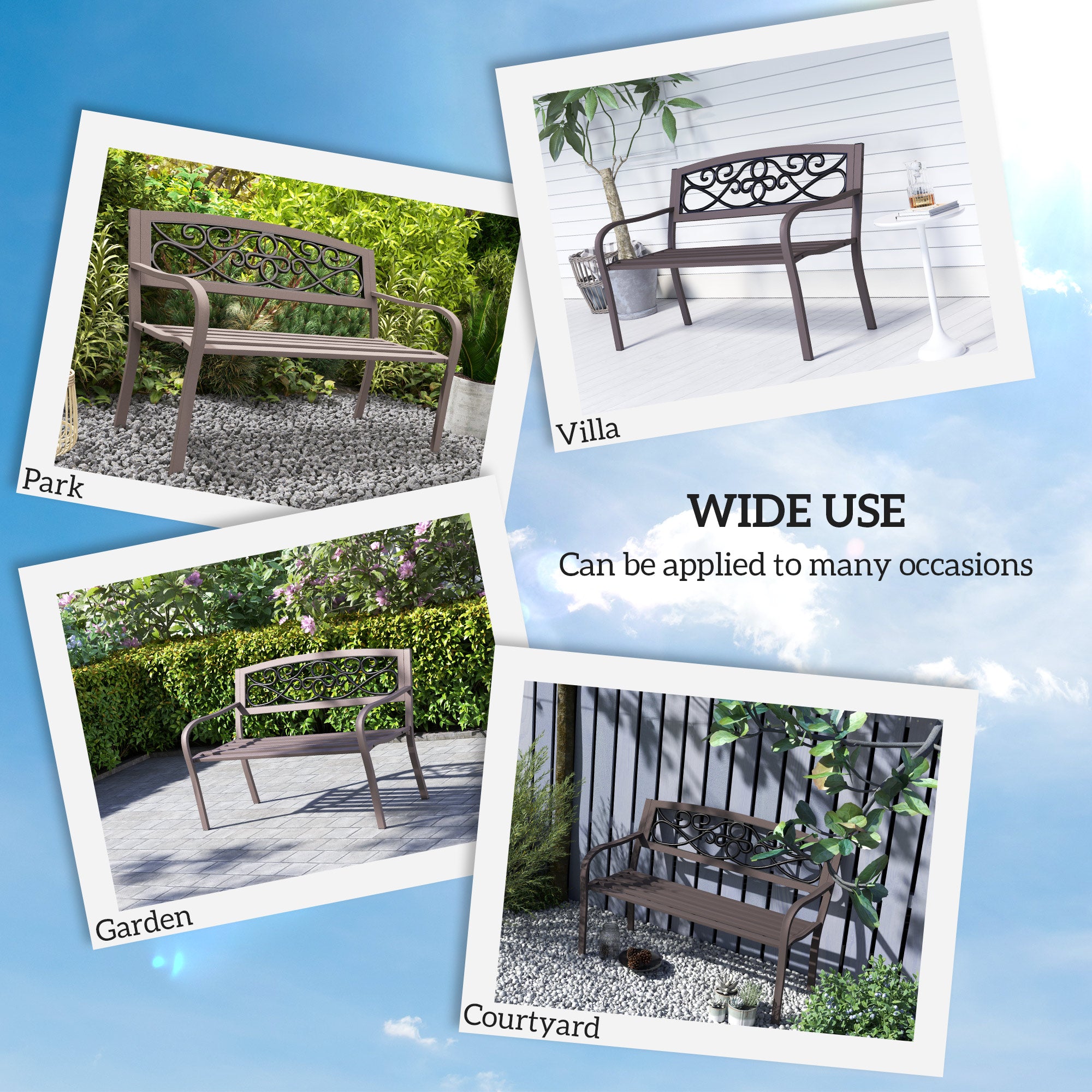 50" Outdoor Bench, Metal Garden Bench with Floral Pattern Backrest, Porch Bench with Slatted Seat for Park, Yard, Lawn, Brown