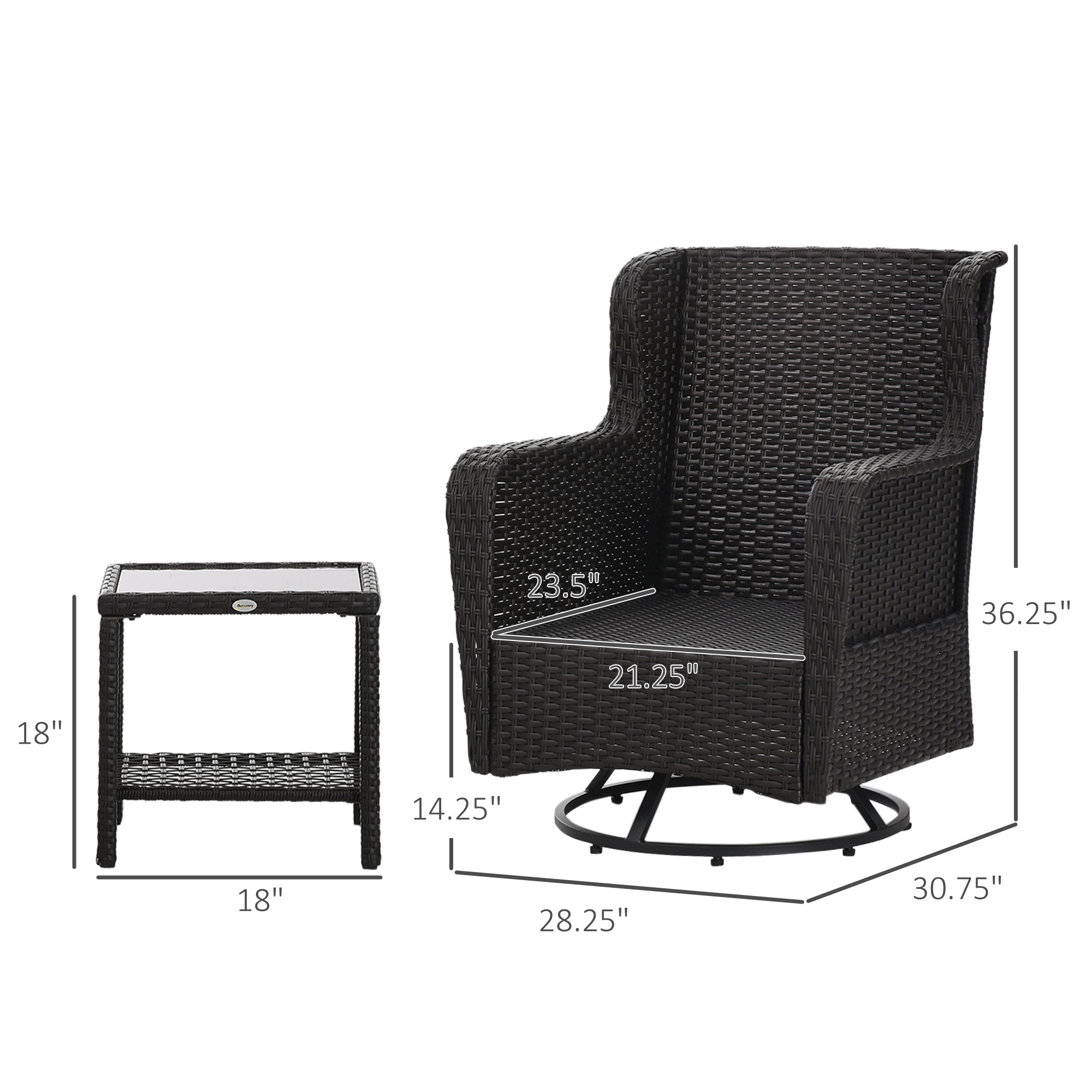 Patio Bistro Set, Porch Furniture with 360° Rotation & Rocking Function, 28.25"x30.75"x36.25"