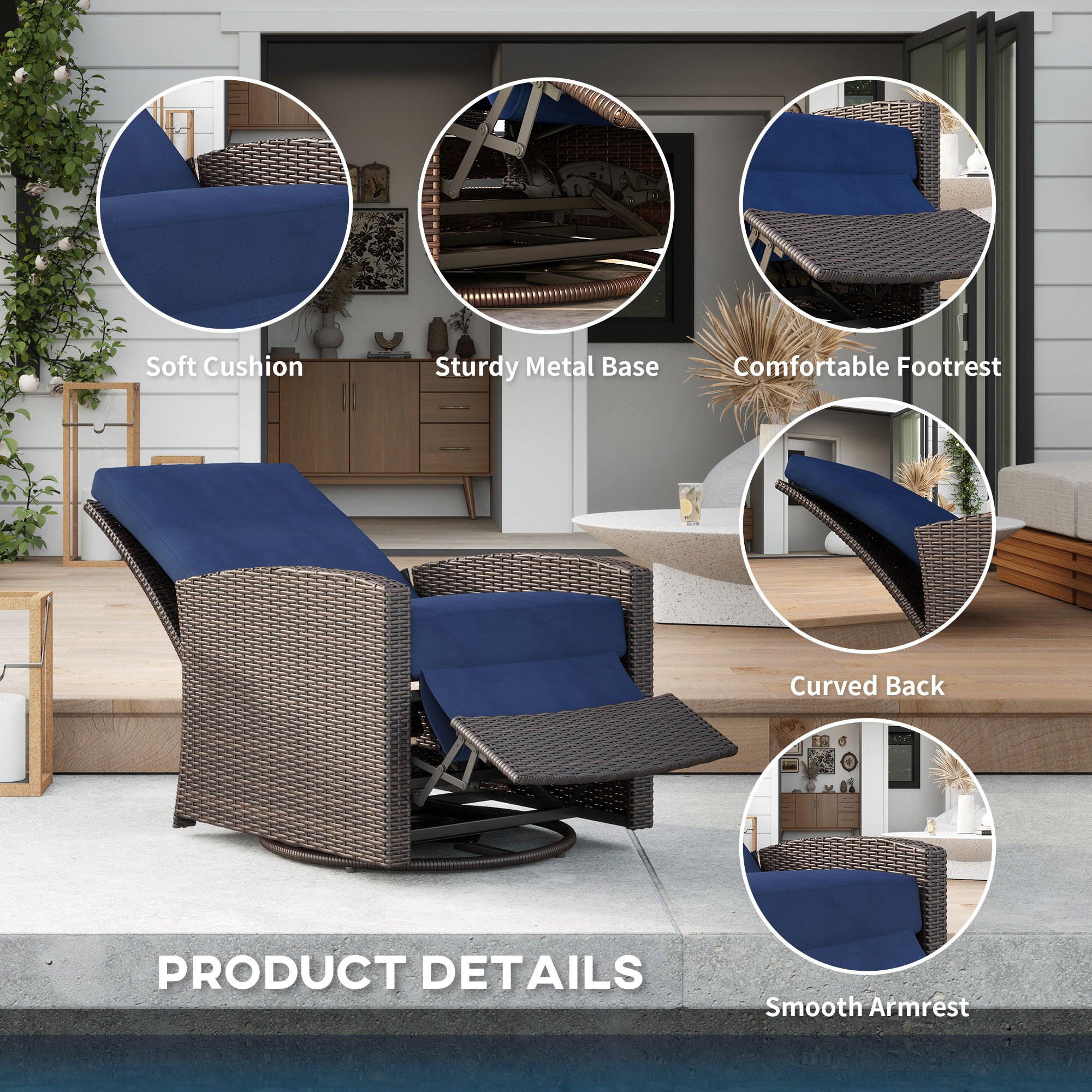 Outdoor Wicker Swivel Recliner Chair, Reclining Backrest, Lifting Footrest, 360° Rotating Basic, Water Resistant Cushions for Patio