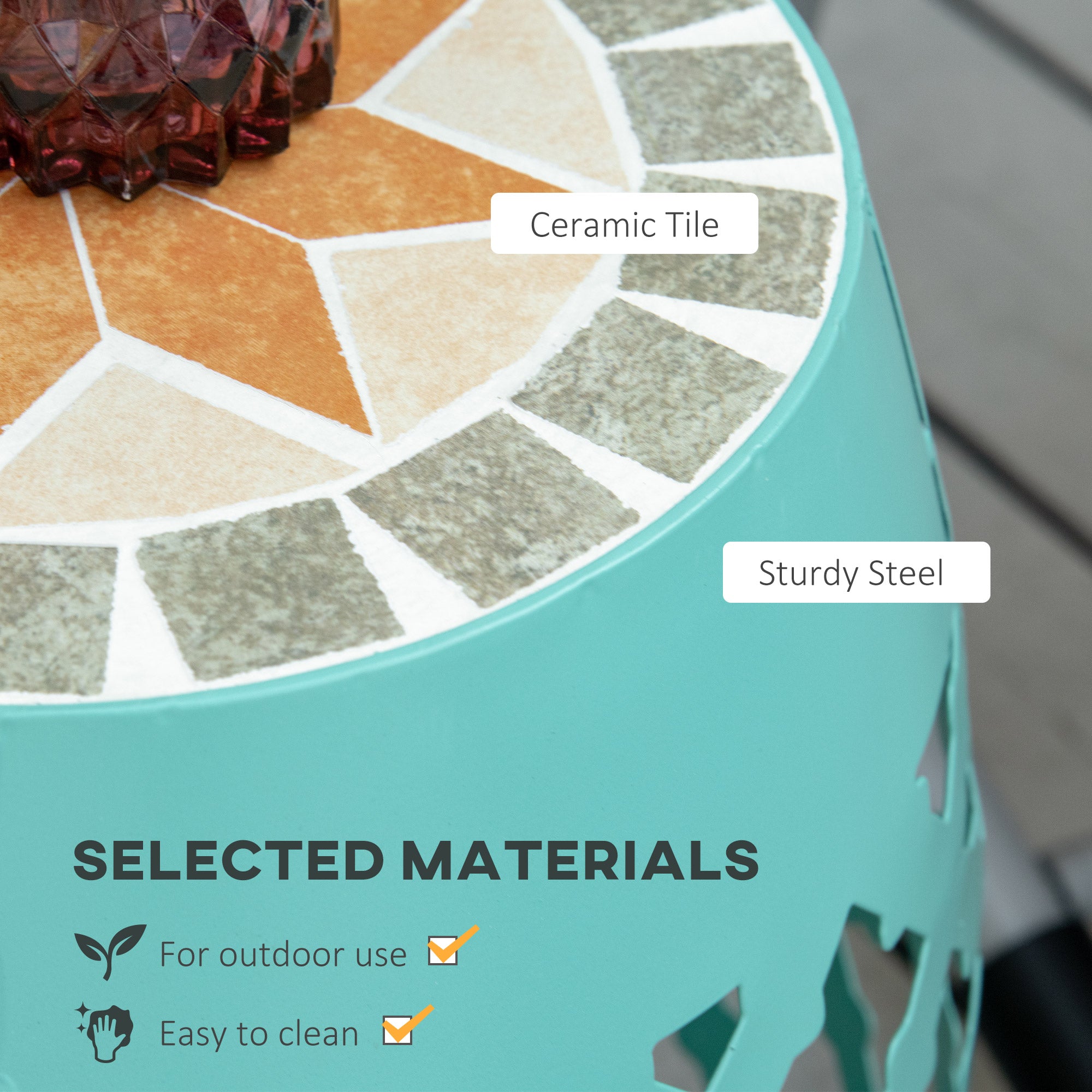 Decorative Outdoor Stool, 12" Round Patio Side Table, Mosaic Accent Plant Stand for Garden, Balcony