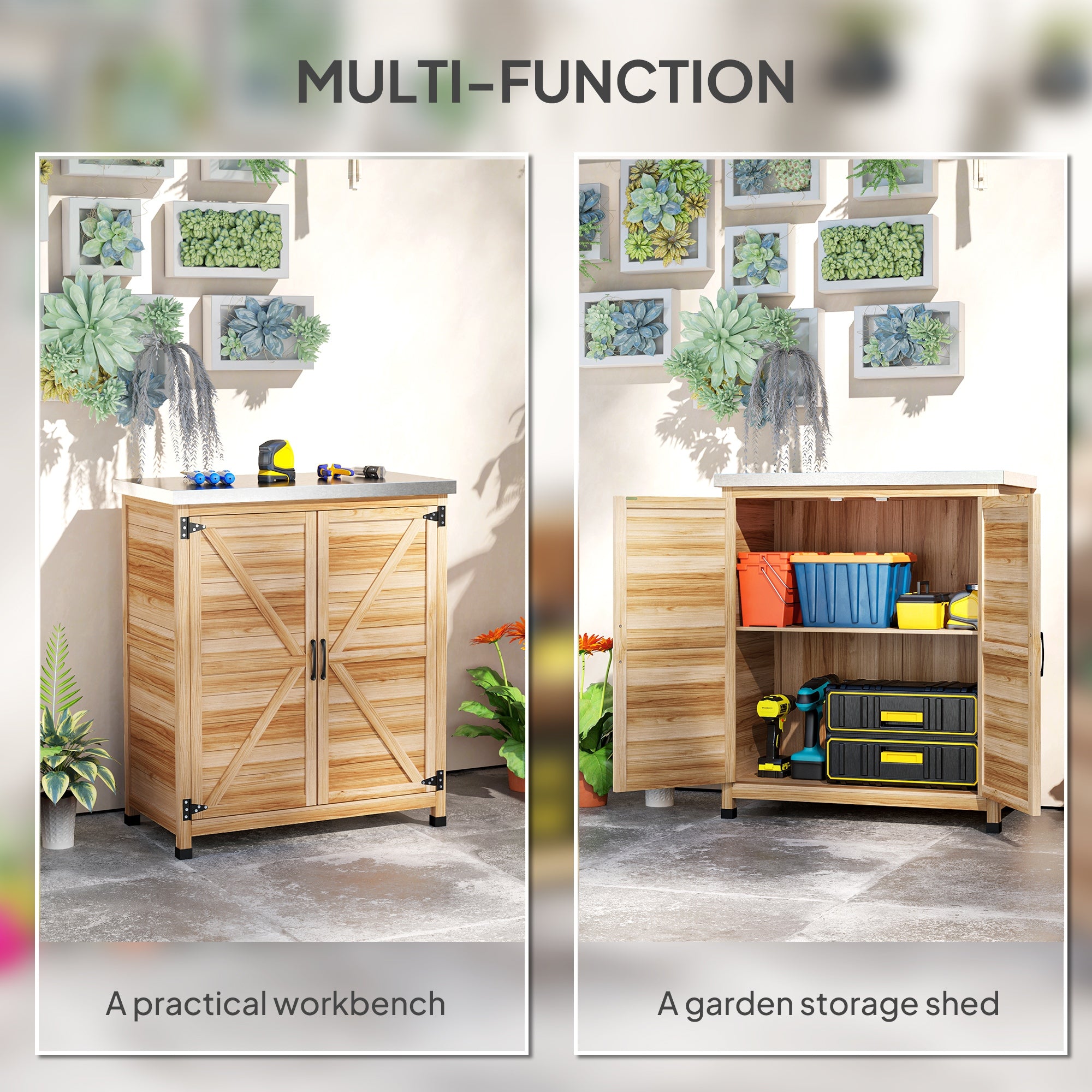Wooden Storage Cabinet, Outdoor Prep Table with Metal Tabletop, Shelves and Double Doors for Patio, Garden